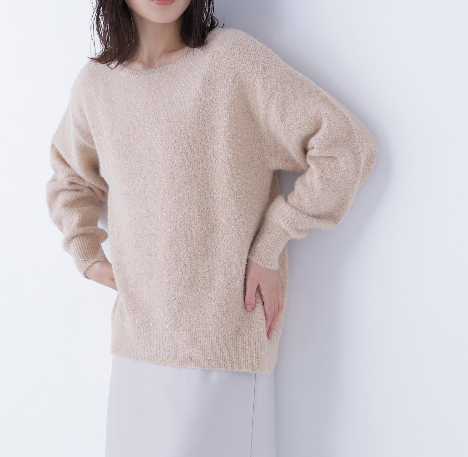 スパンコールフェザーラメニット アプリコットオレンジ