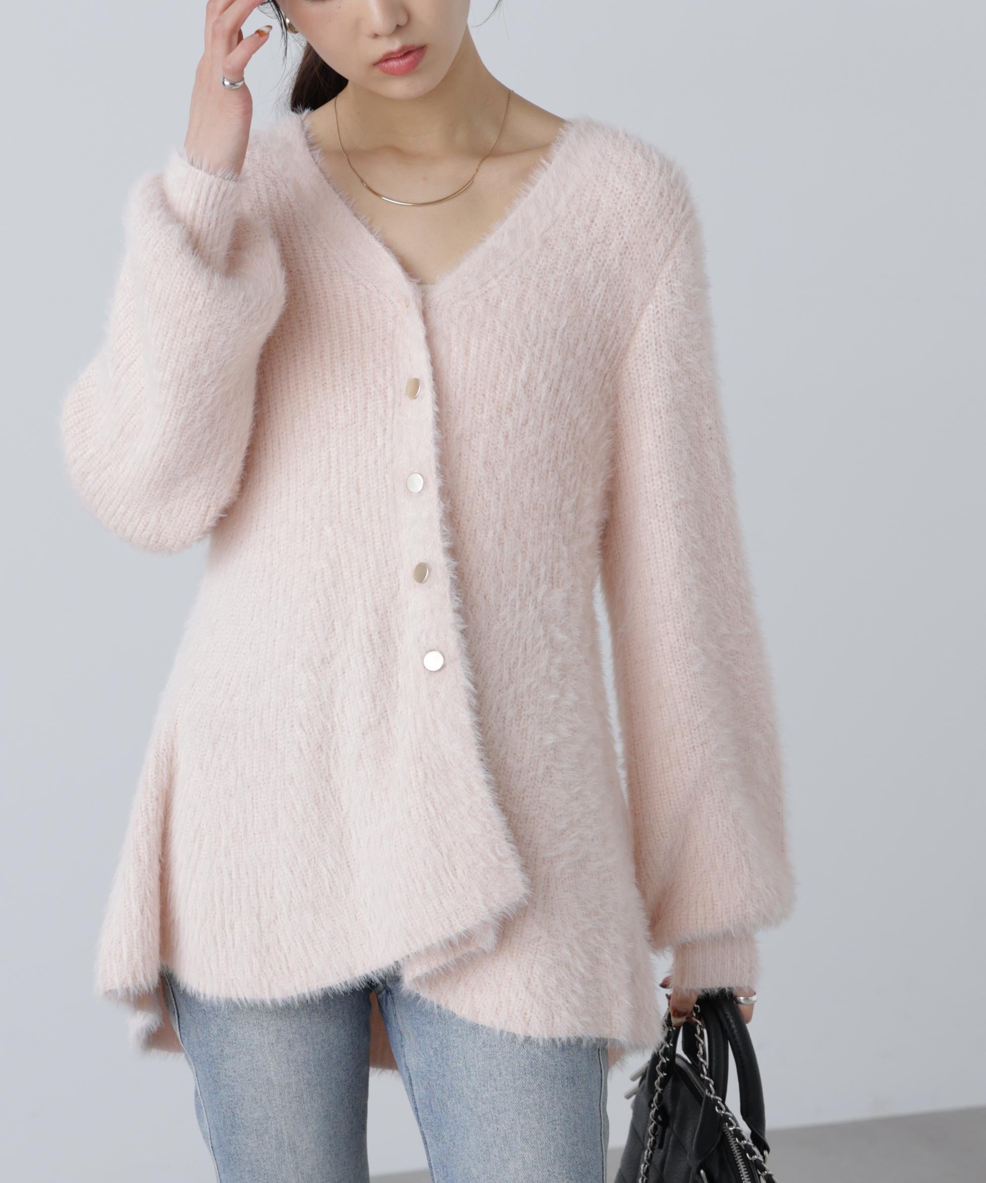 ヘアリーペプラム金ボタンニットカーディガン ピンク