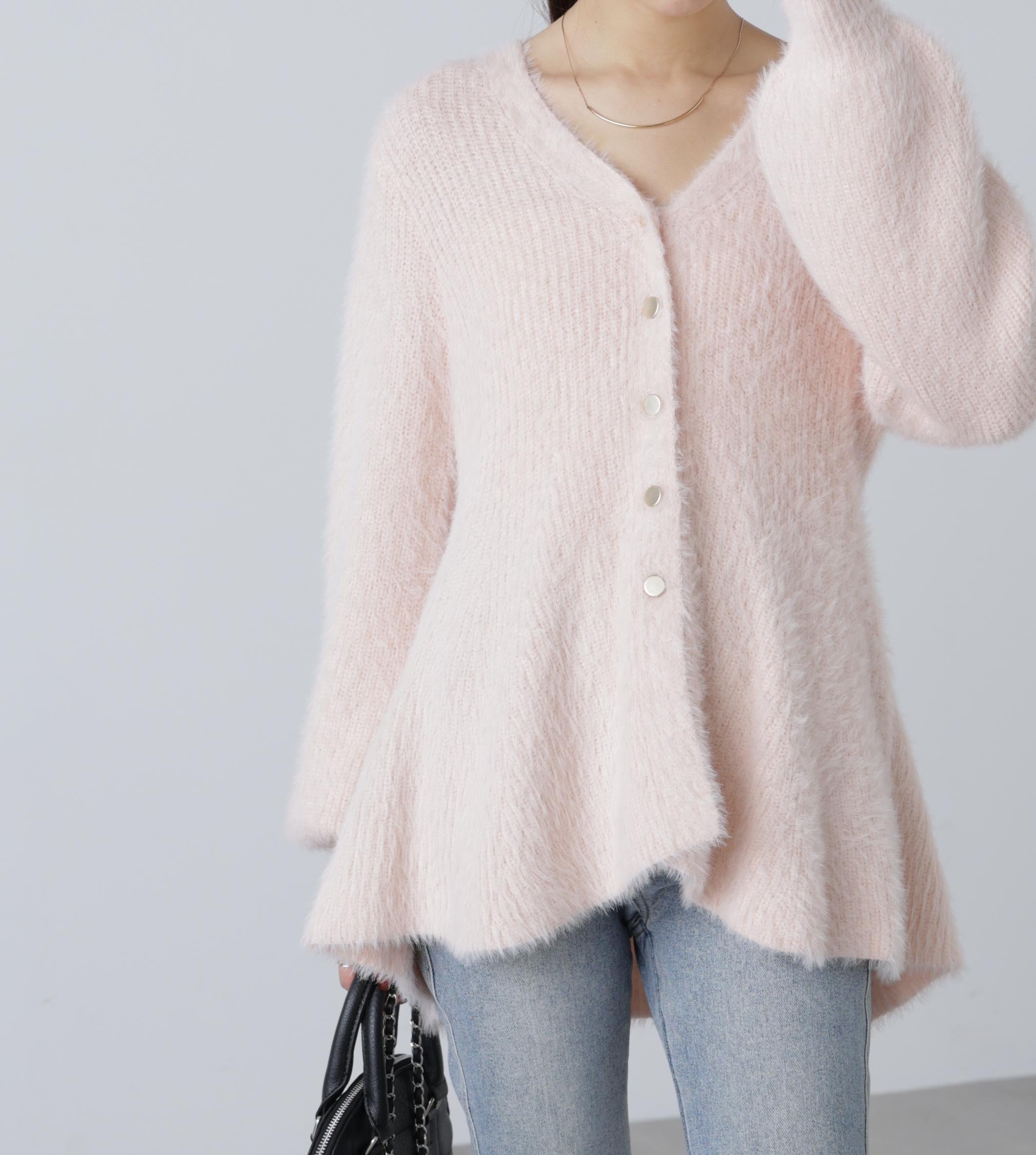 ヘアリーペプラム金ボタンニットカーディガン ピンク