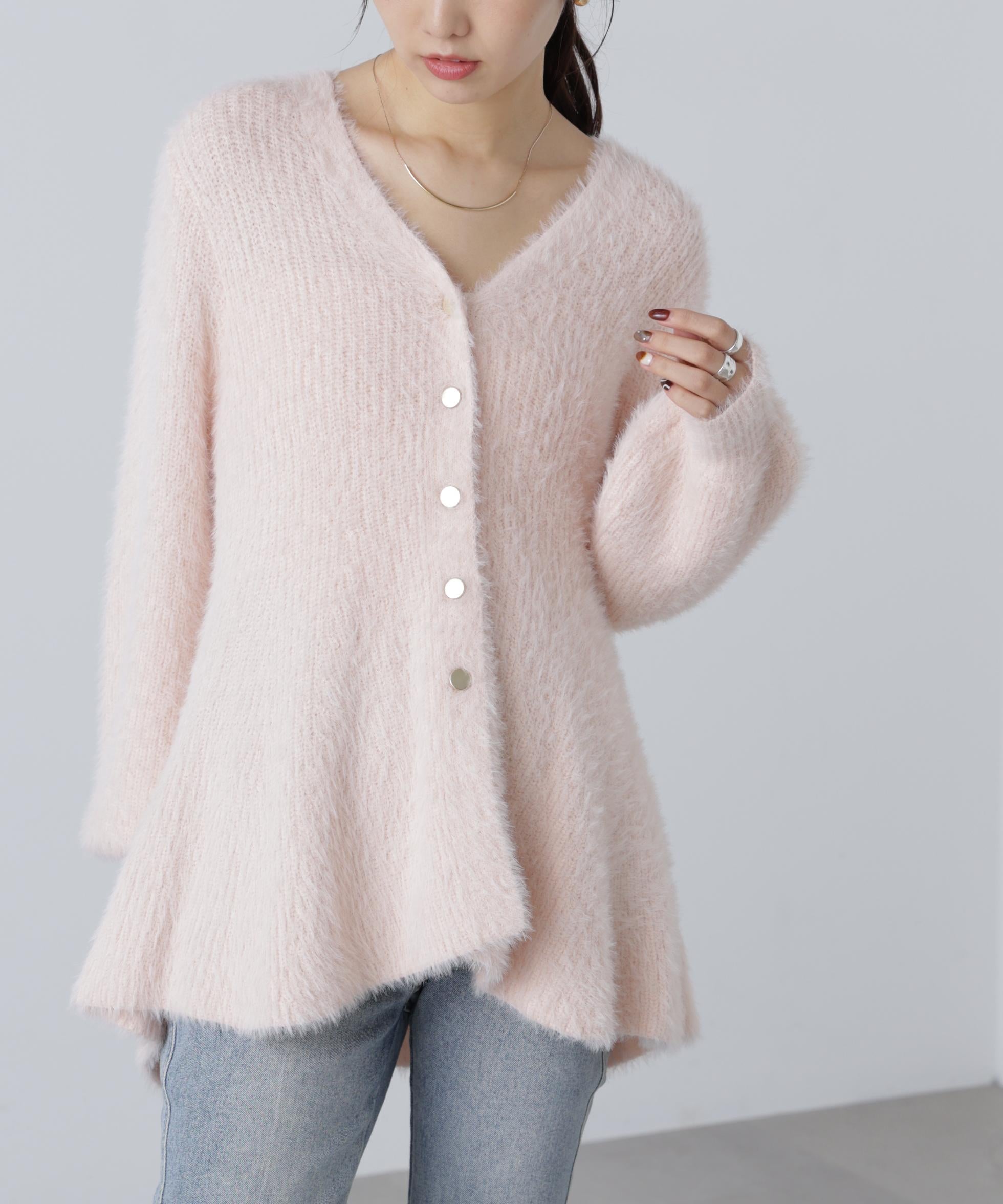 ヘアリーペプラム金ボタンニットカーディガン ピンク