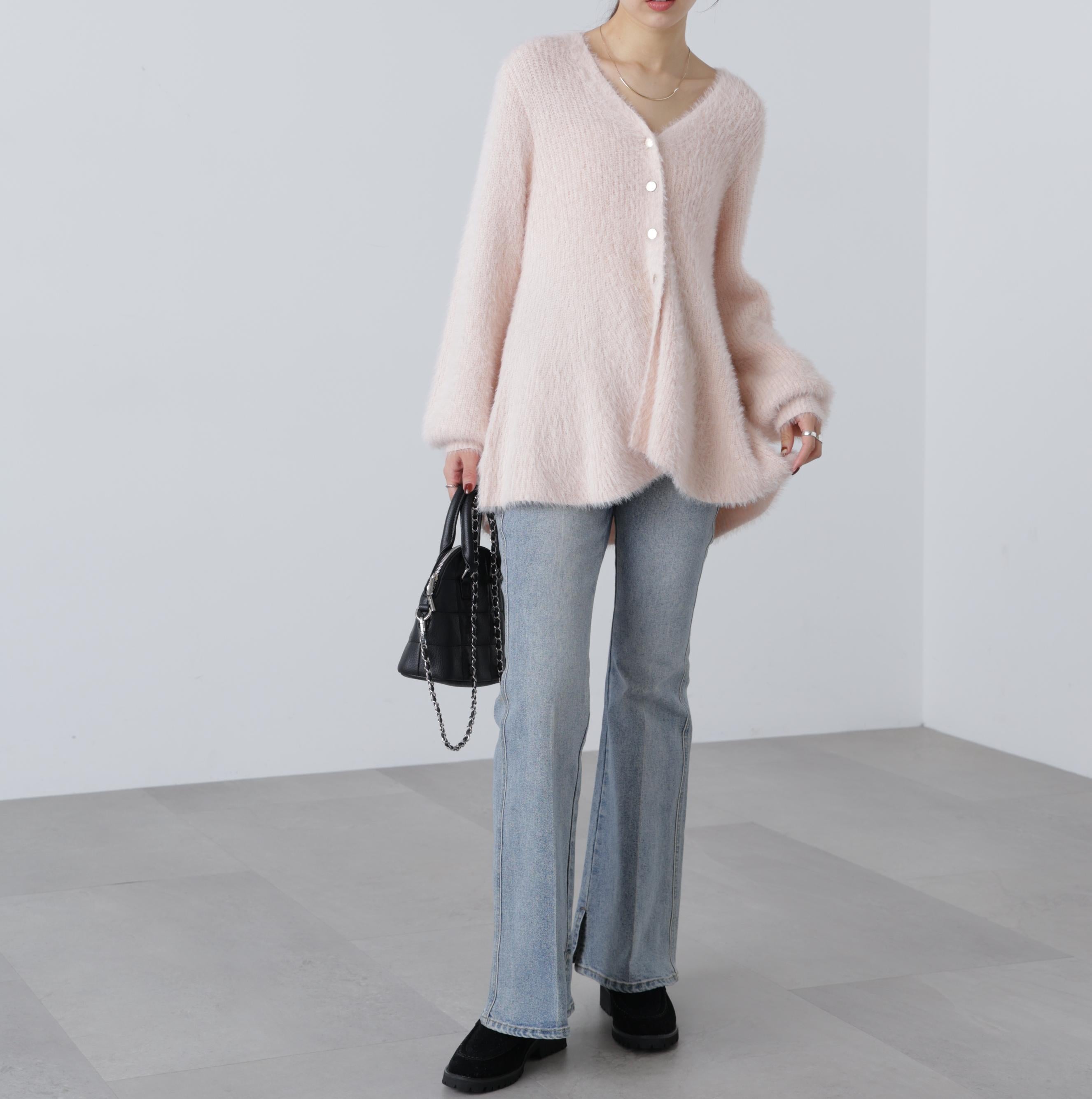 ヘアリーペプラム金ボタンニットカーディガン ピンク