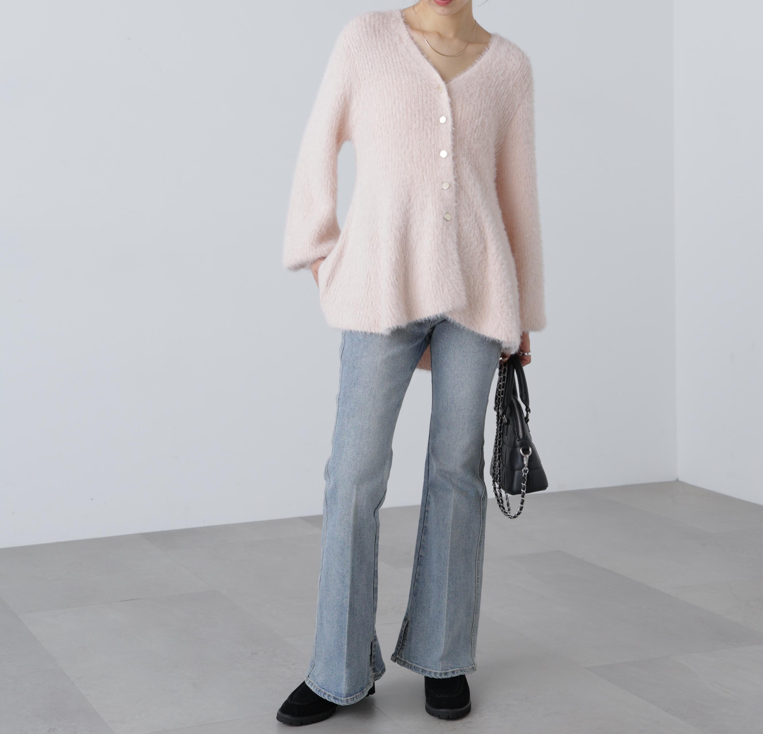 ヘアリーペプラム金ボタンニットカーディガン ピンク