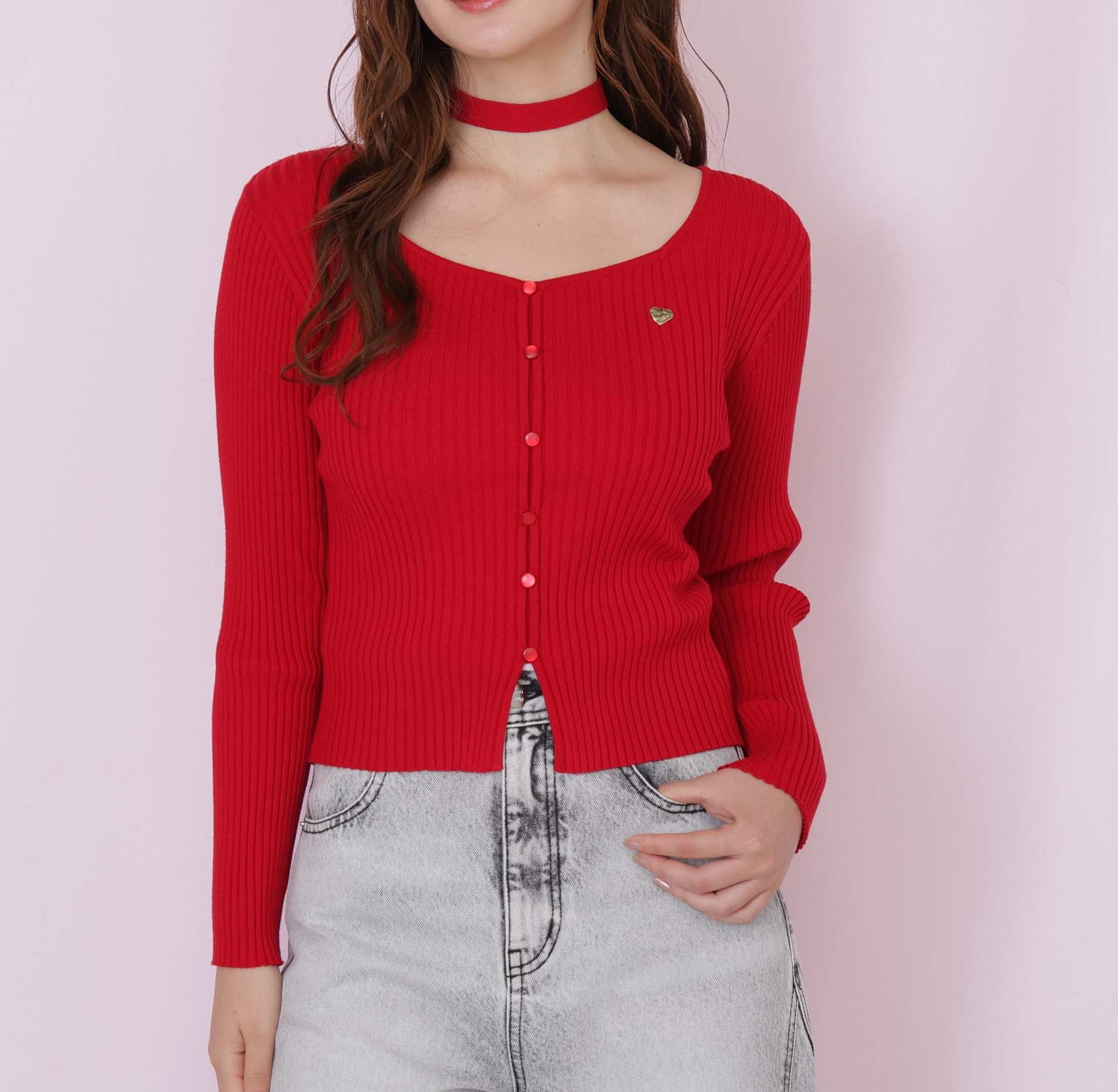 チョーカー付きスクエアニット レッド