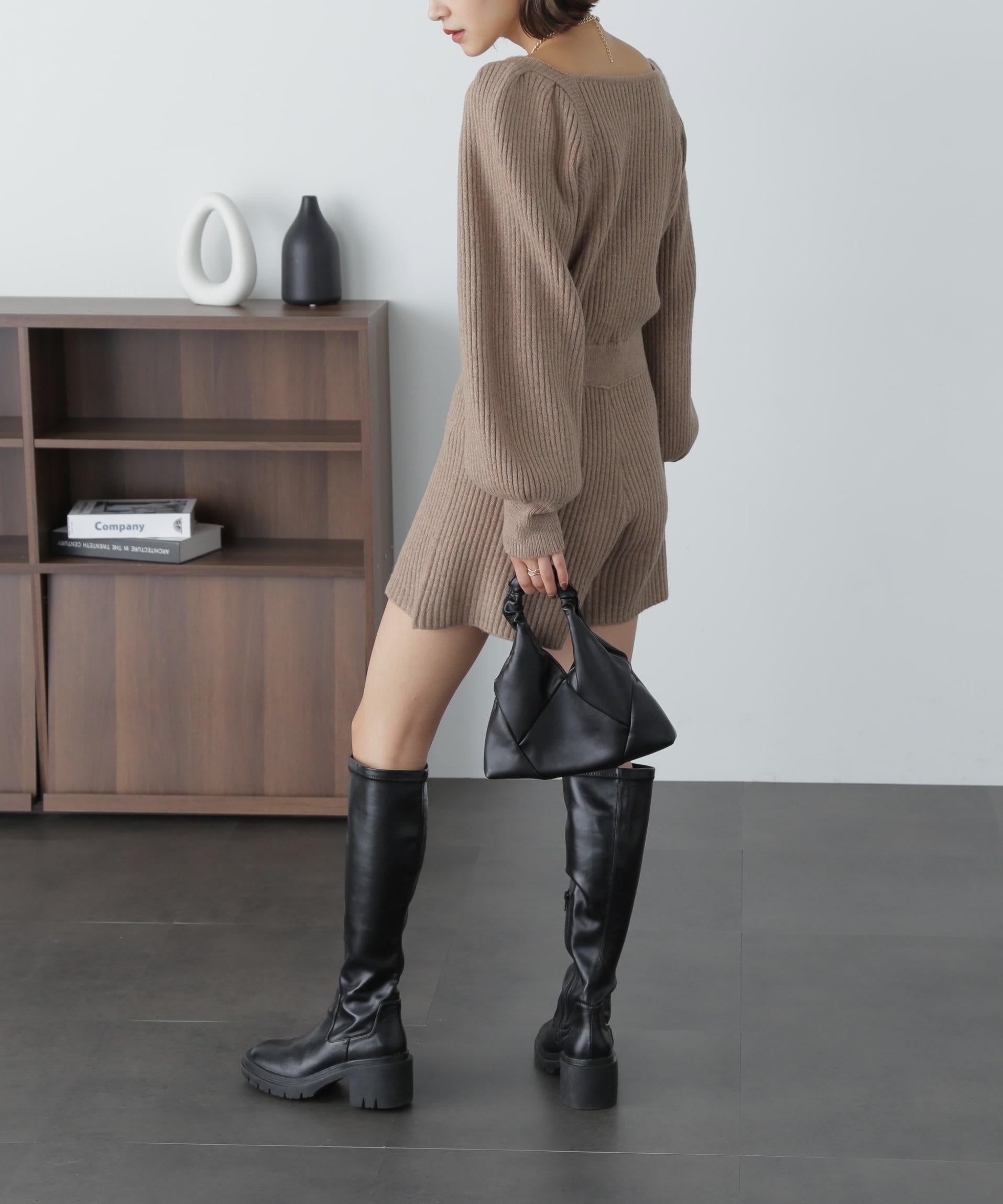 スクエアネックリブニットロンパース モカ