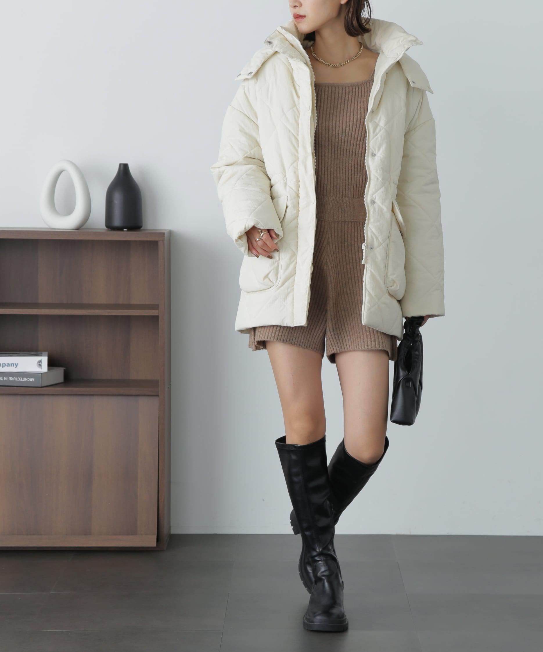 スクエアネックリブニットロンパース モカ