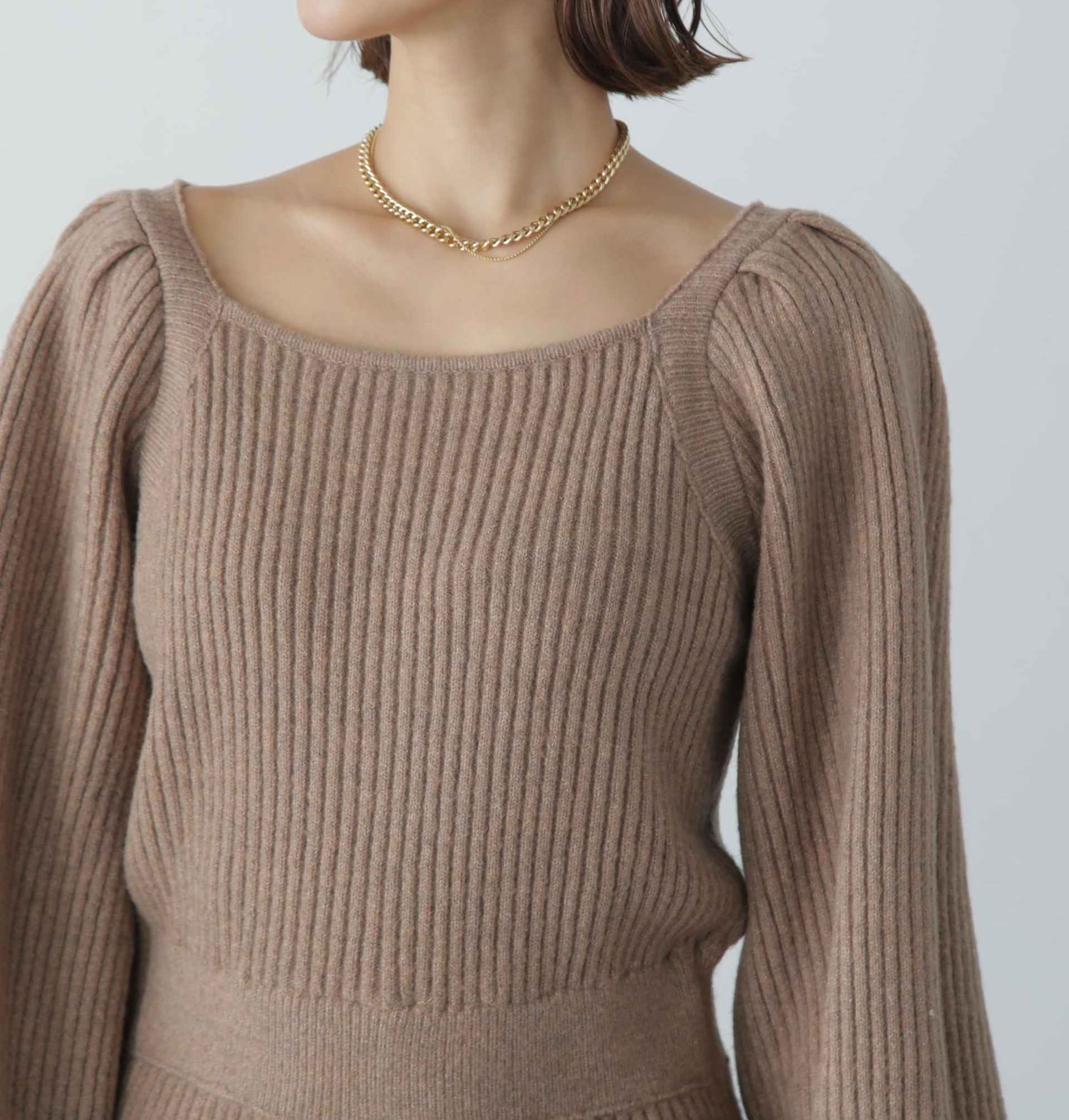 スクエアネックリブニットロンパース モカ