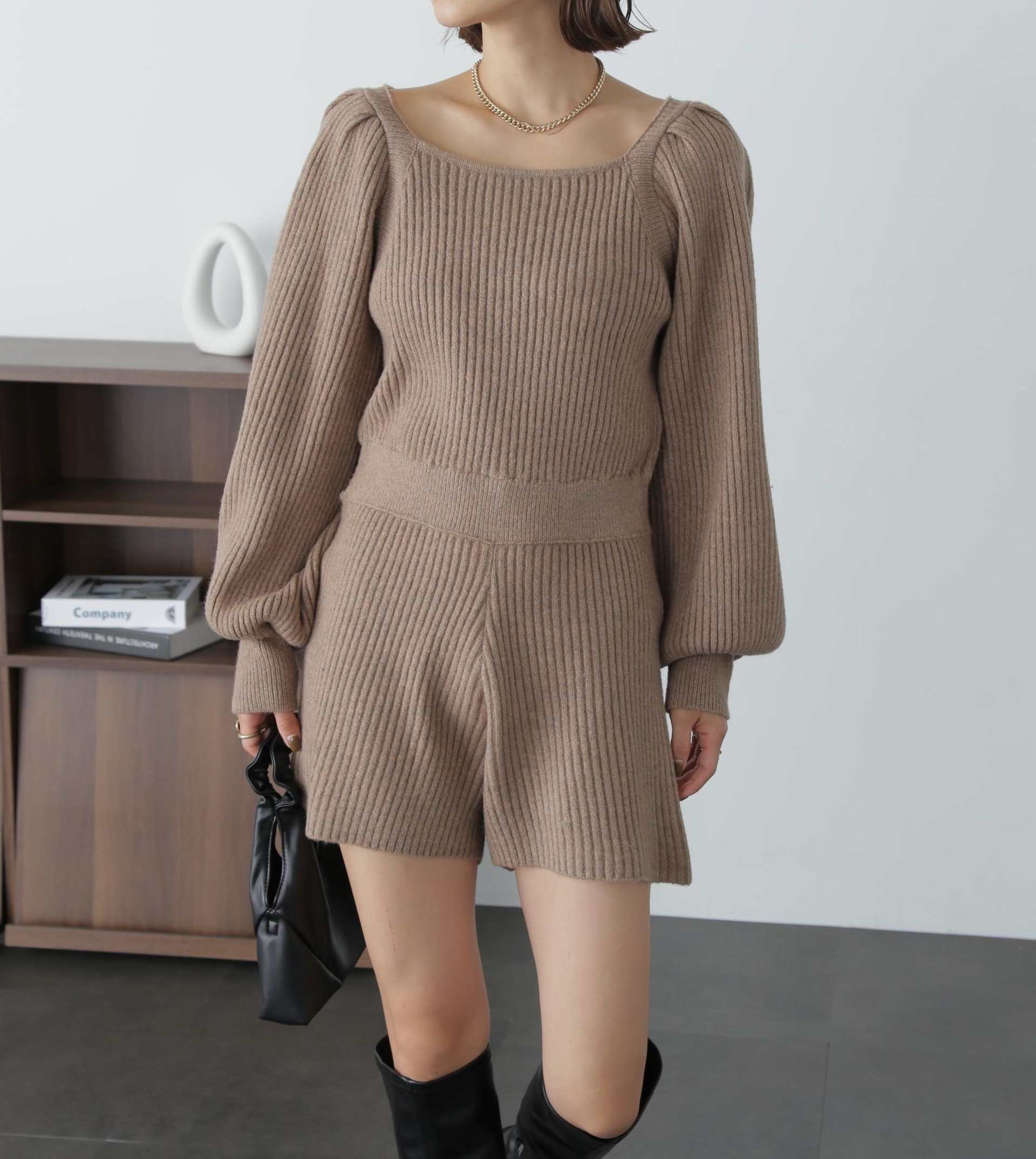 スクエアネックリブニットロンパース モカ