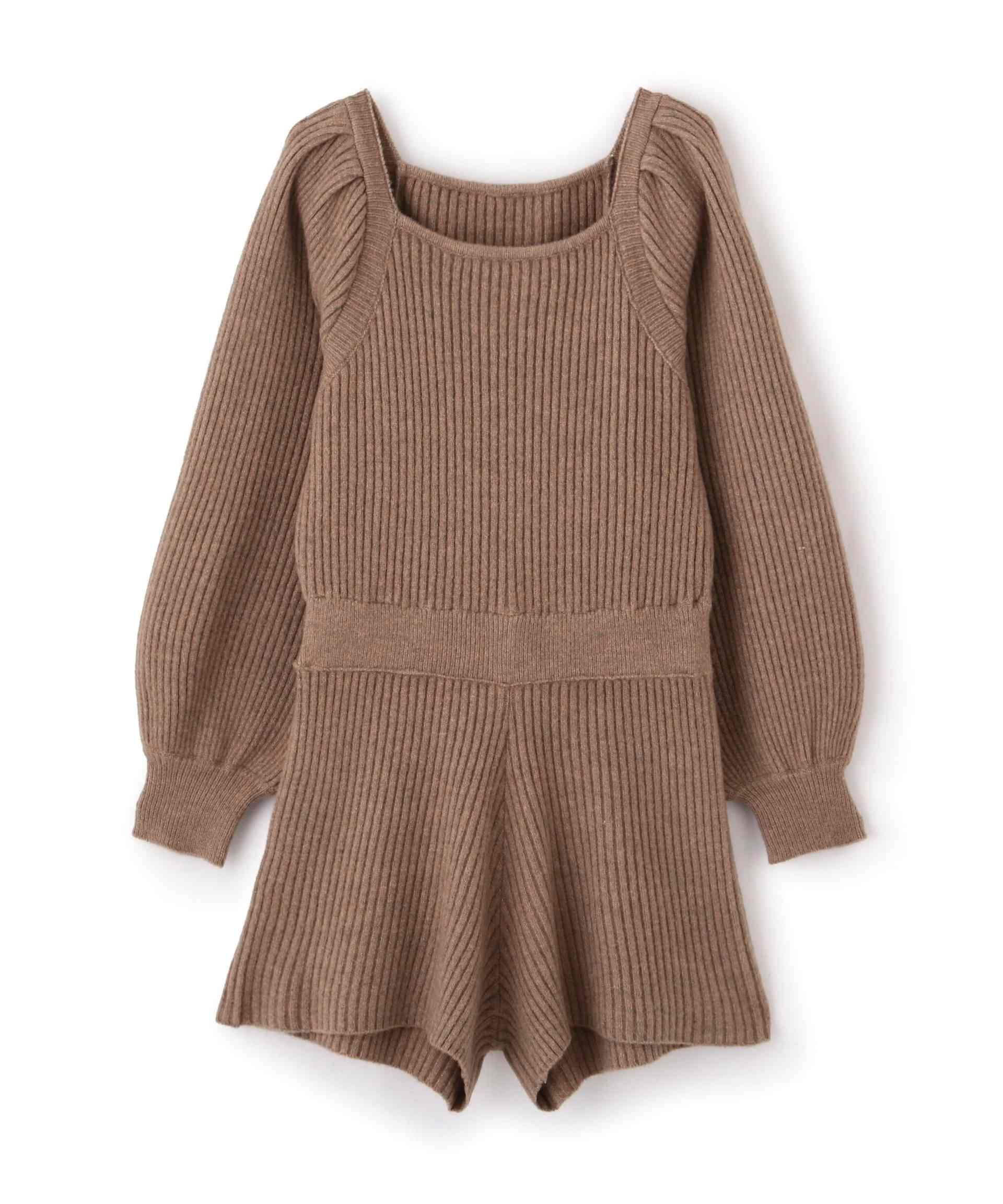 スクエアネックリブニットロンパース モカ