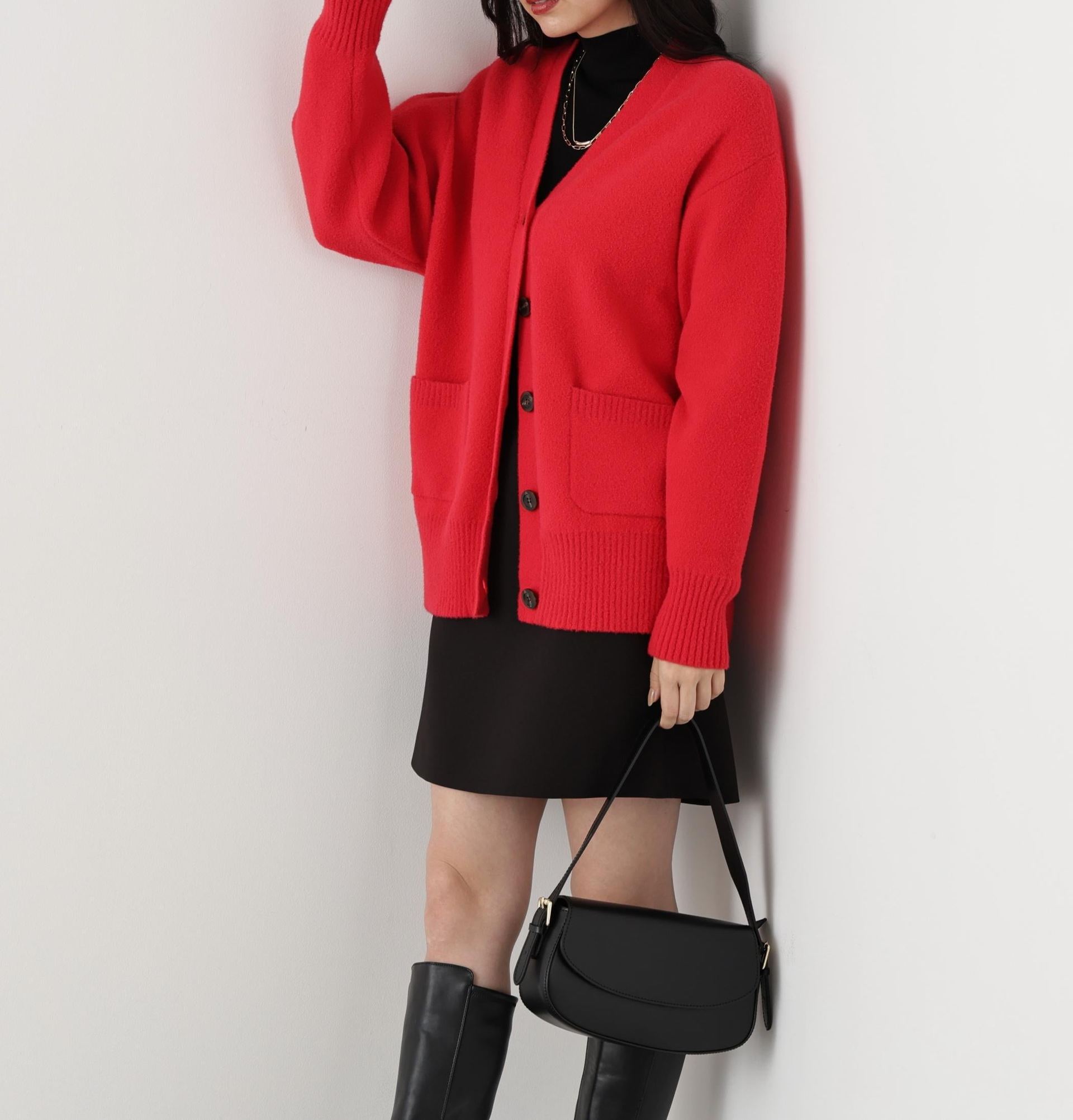 ◆［WER限定色 ピンク］フェザーヤーンオーバーカーディガン レッド