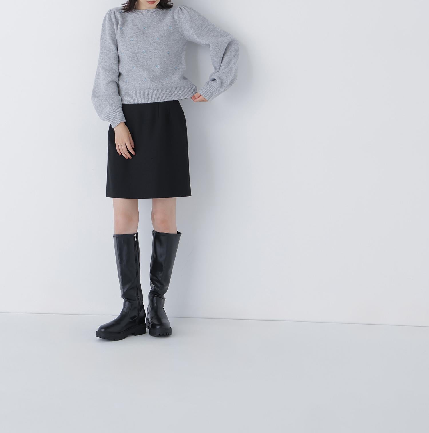 フラワー刺繍ニット グレー