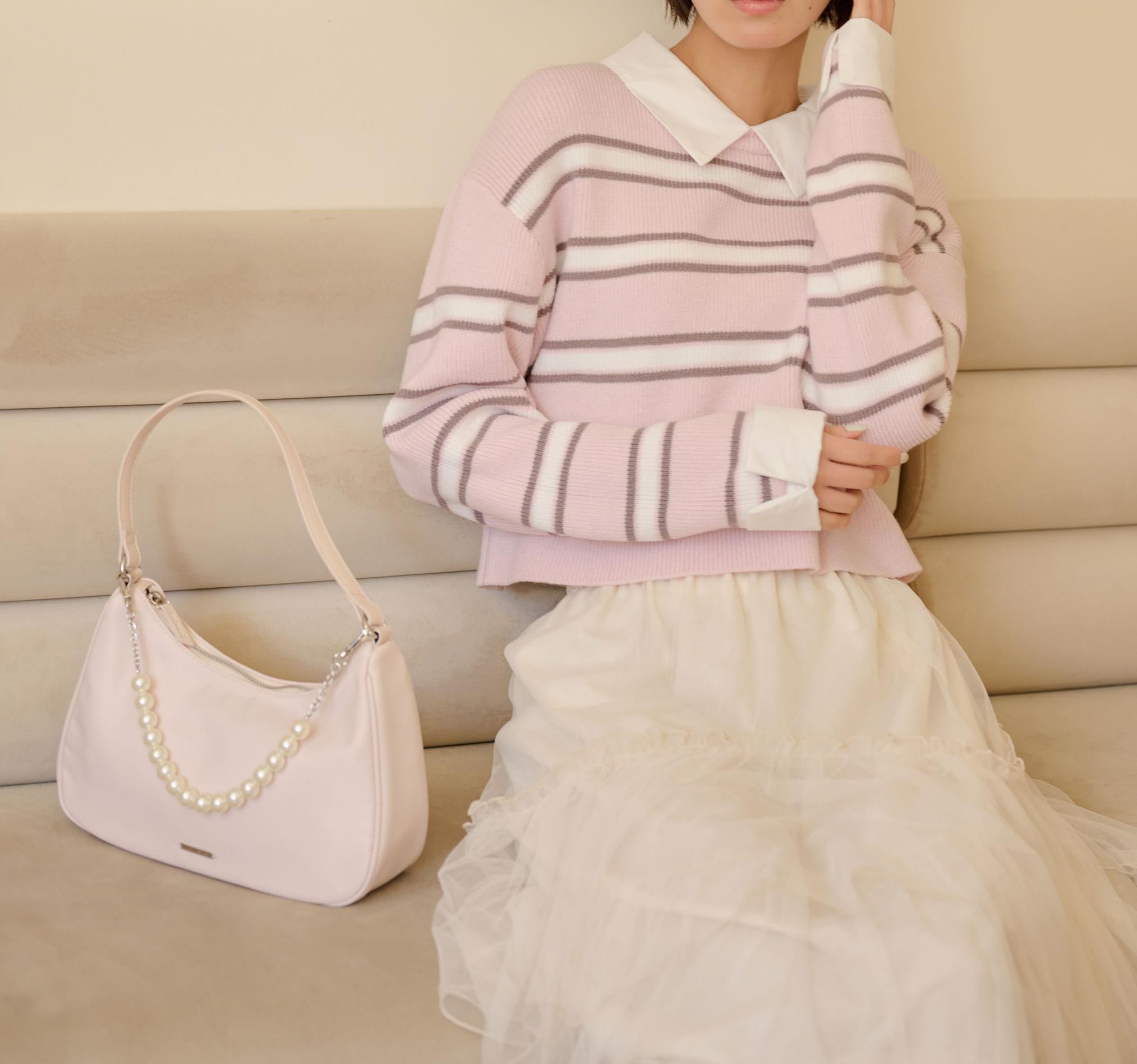 衿付きクロップドゆるニット ピンクボーダー1