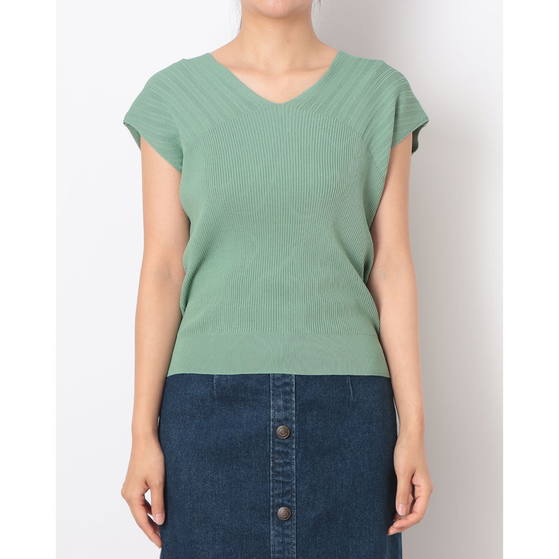 トゥエルブアジェンダ 12Twelve Agenda Vネックリブ切替ニットプルオーバー （グリーン） グリーン