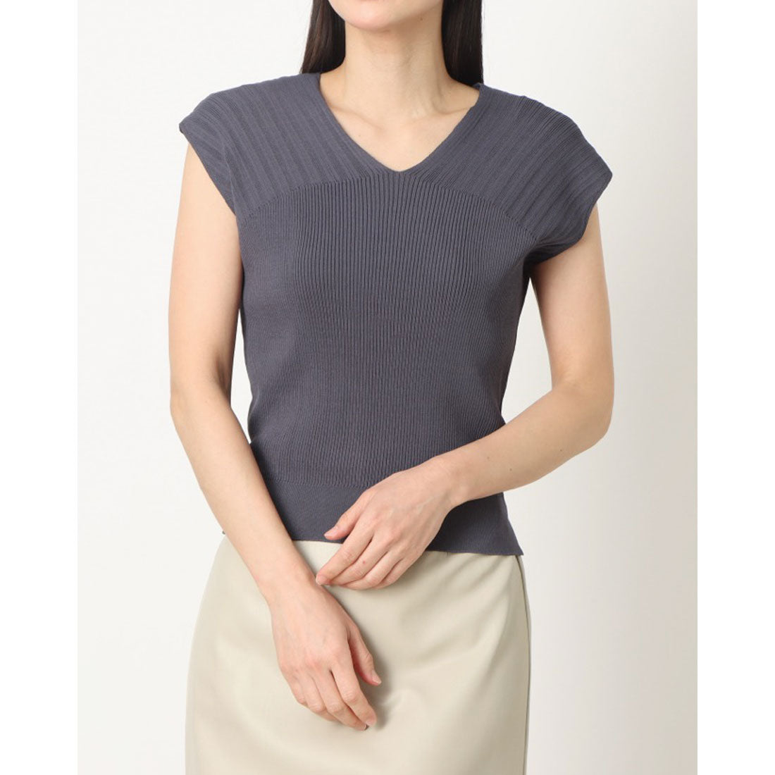 トゥエルブアジェンダ 12Twelve Agenda Vネックリブ切替ニットプルオーバー （チャコールグレー） チャコールグレー