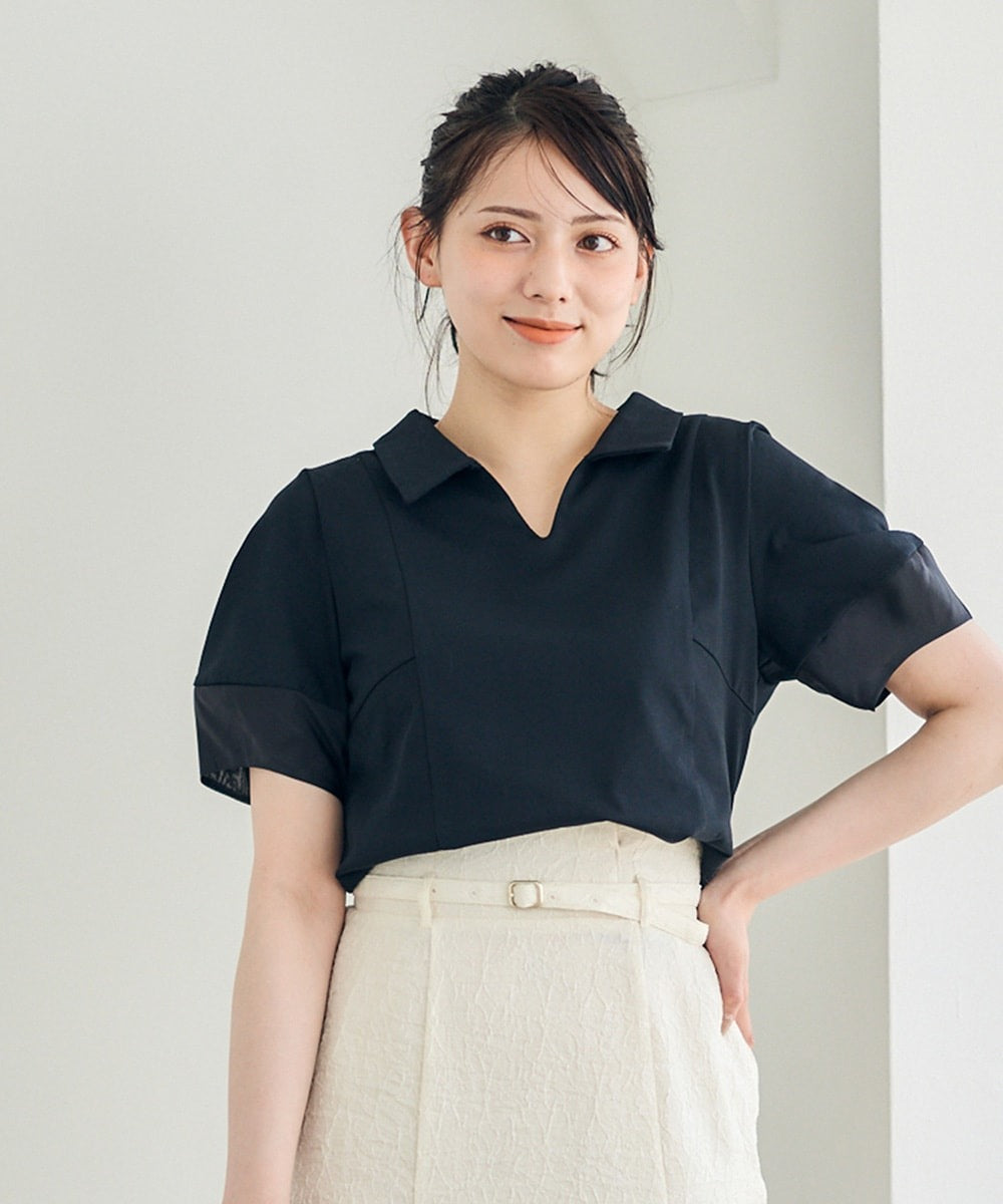 トゥエルブアジェンダ 12Twelve Agenda ポロ衿袖シアーカットソープルオーバー （ブラック） ブラック