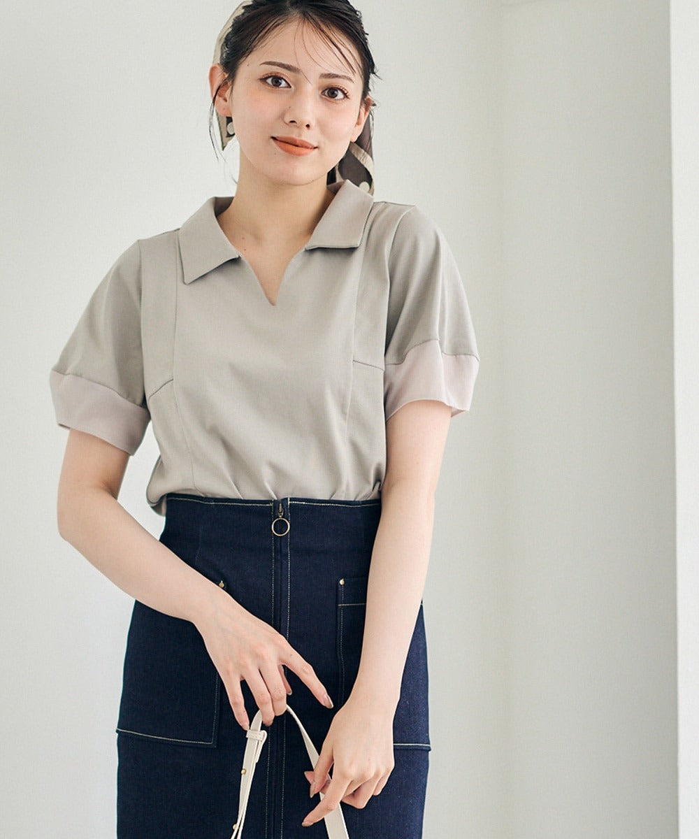 トゥエルブアジェンダ 12Twelve Agenda ポロ衿袖シアーカットソープルオーバー （グレージュ） グレージュ