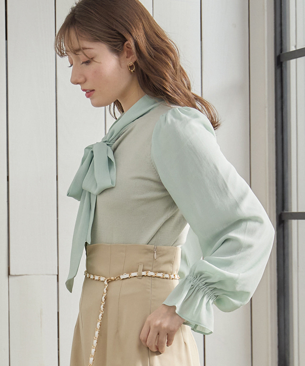 Twelve Agenda 12Twelve Agenda Mixed Material Ribbon Tie & Sleeve Knit Pullover