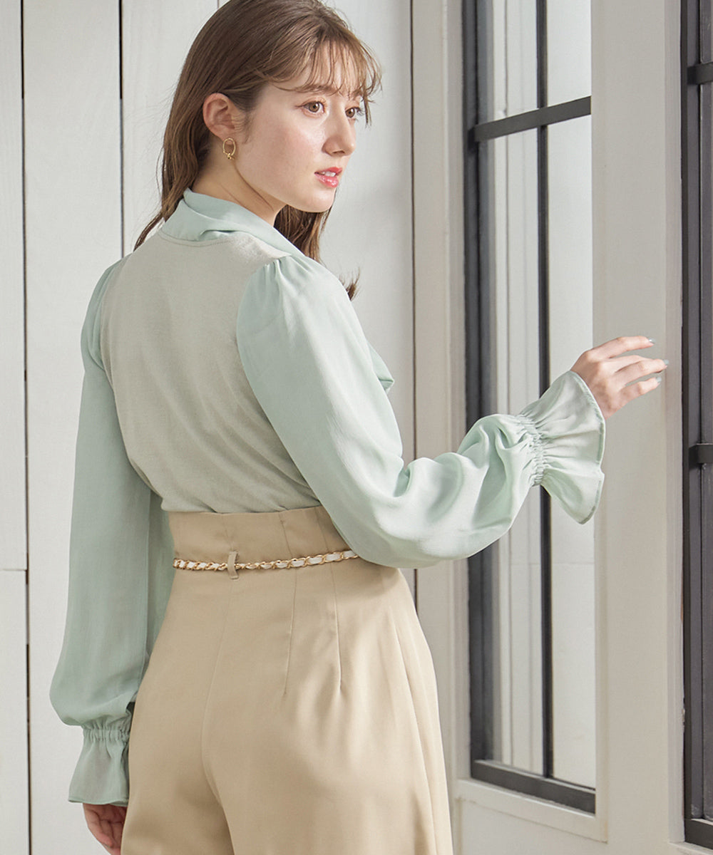 Twelve Agenda 12Twelve Agenda Mixed Material Ribbon Tie & Sleeve Knit Pullover