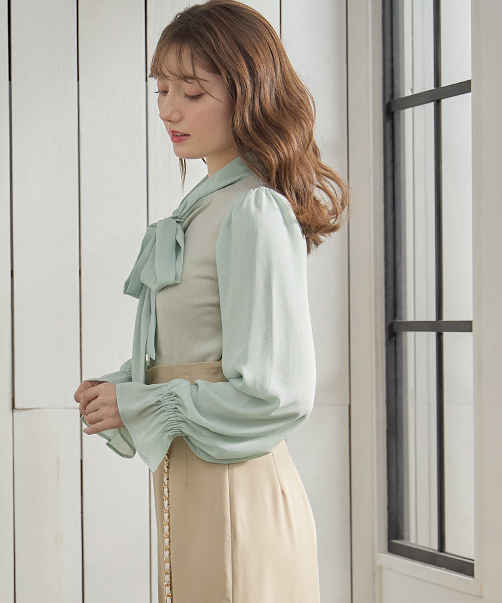 Twelve Agenda 12Twelve Agenda Mixed Material Ribbon Tie & Sleeve Knit Pullover