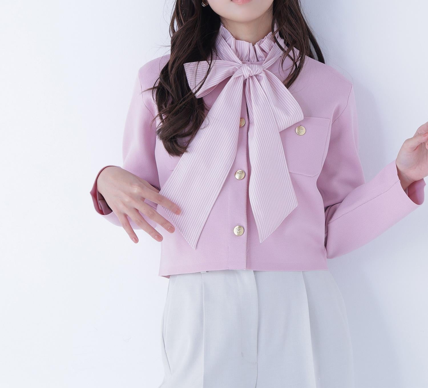 エンブレムボタンニットジャケット ピンク