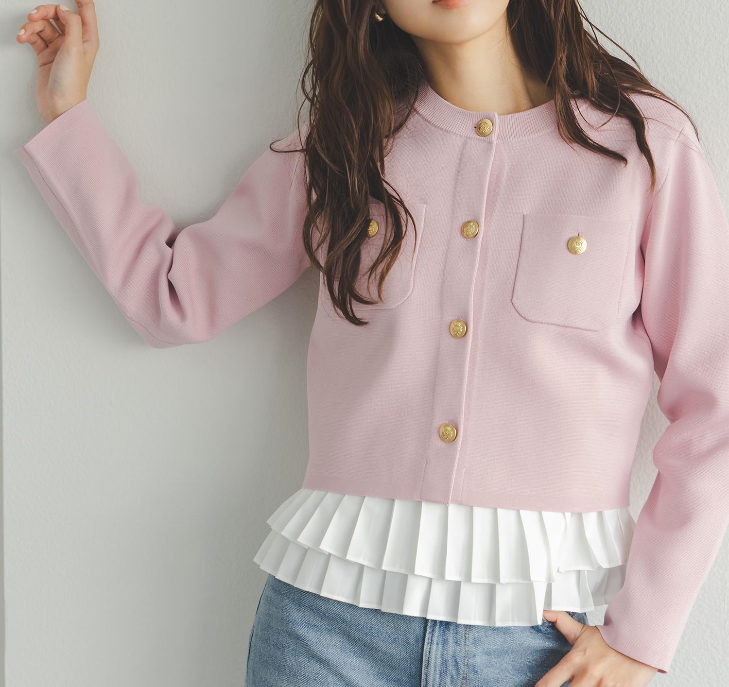 エンブレムボタンニットジャケット ピンク