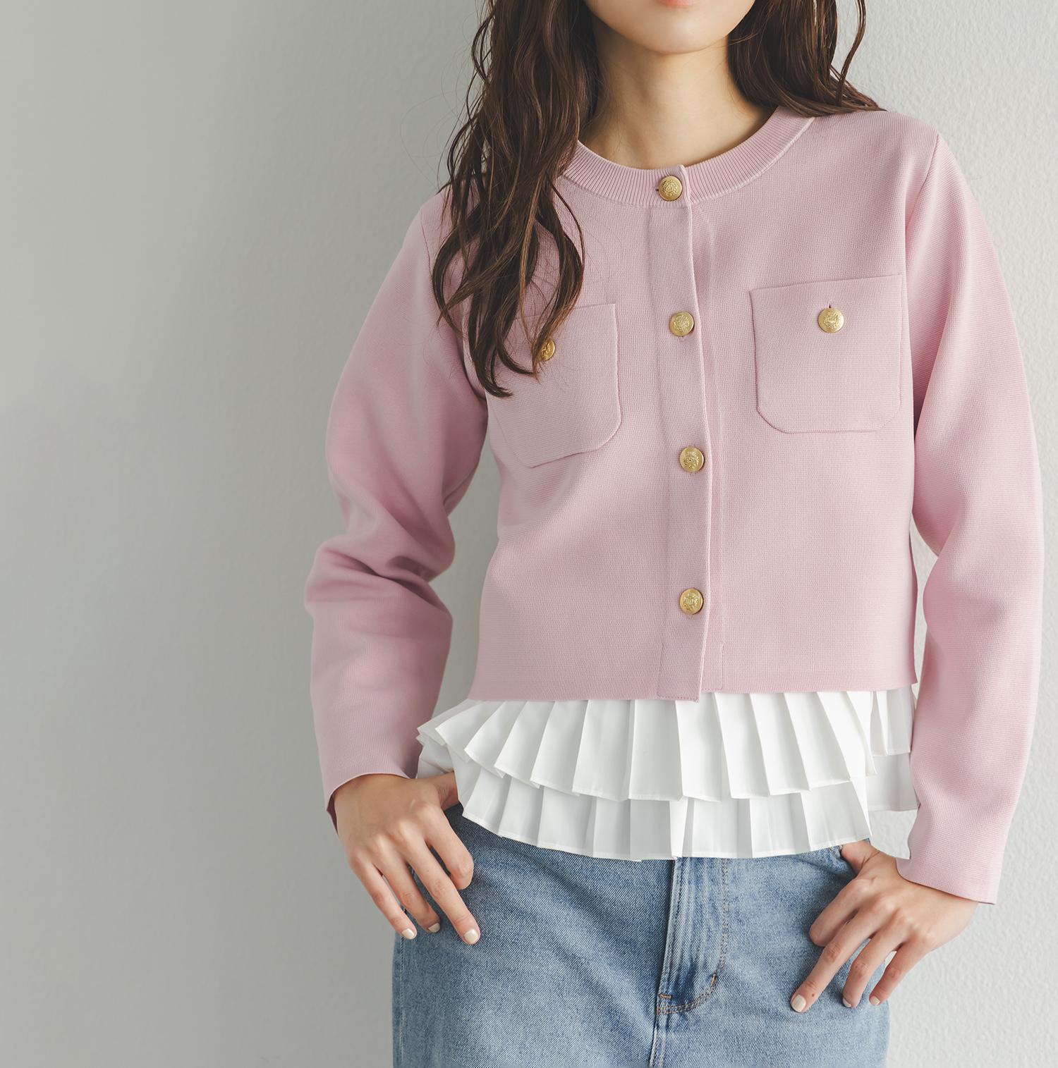 エンブレムボタンニットジャケット ピンク