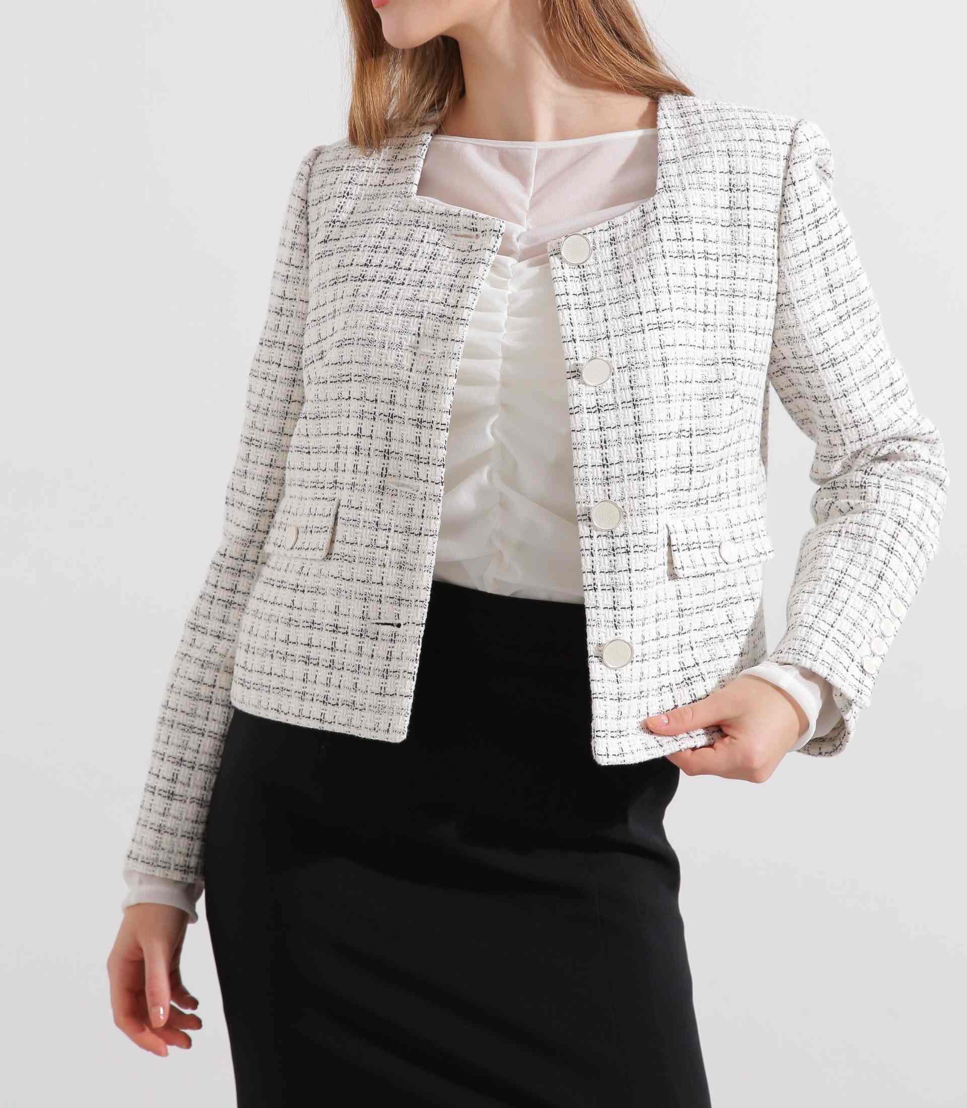 ◆スクエアーネックツイードジャケット ホワイト系1