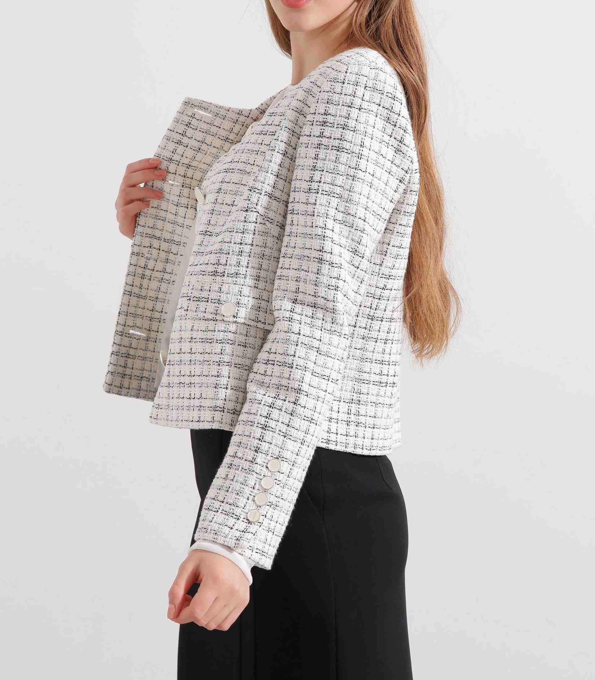 ◆スクエアーネックツイードジャケット ホワイト系1