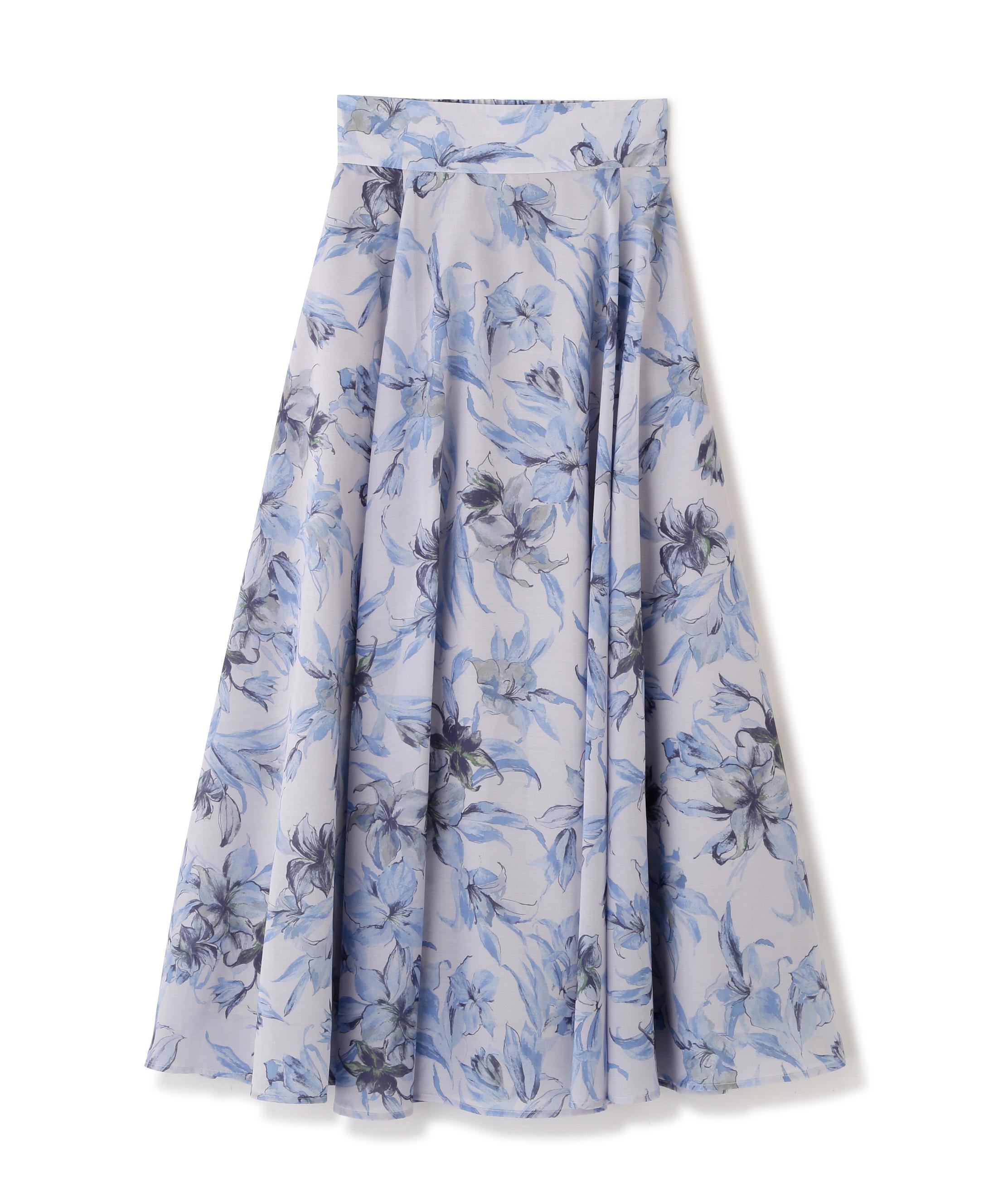 シアーアートフラワープリントスカート ブルー1