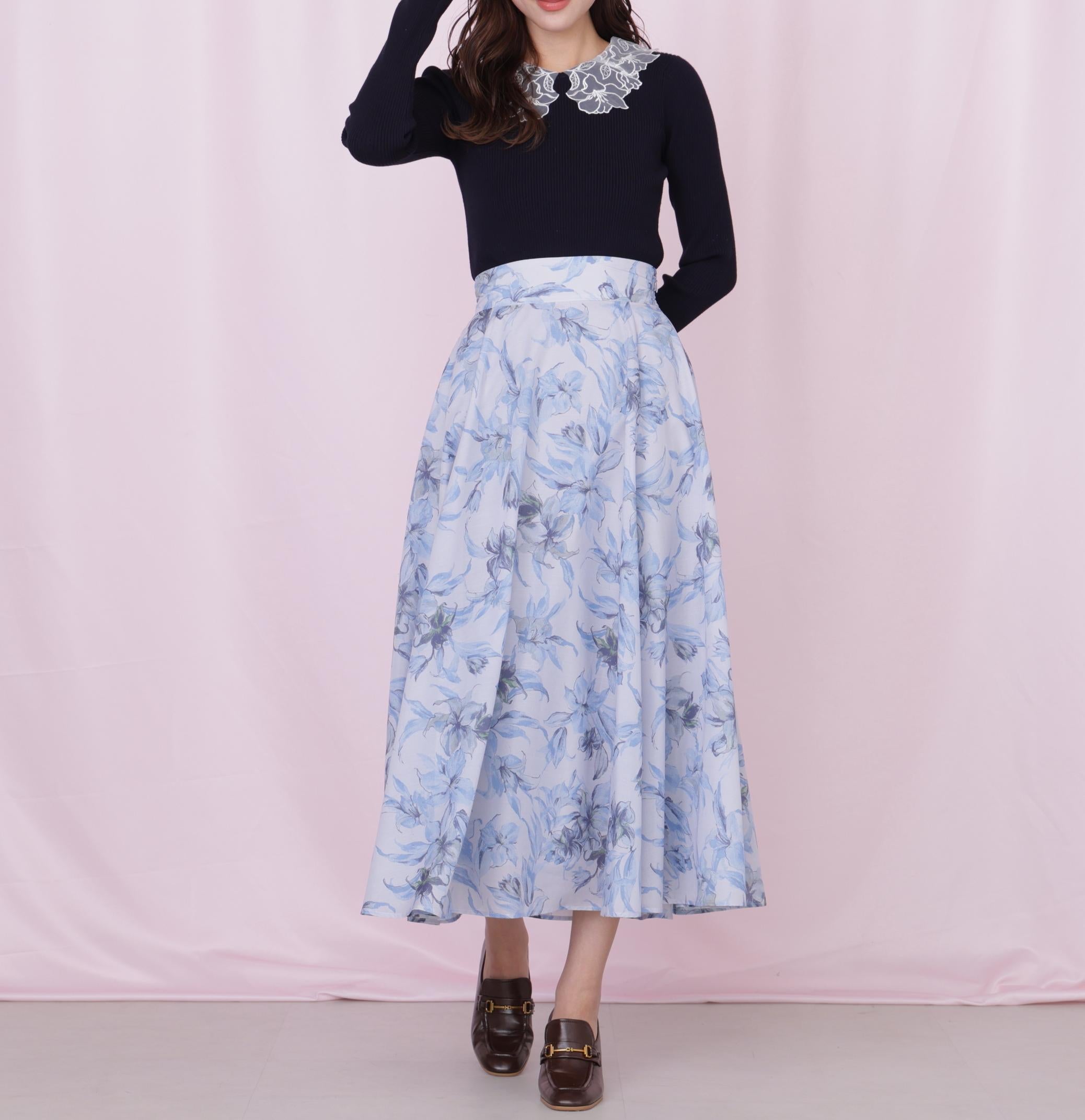 シアーアートフラワープリントスカート ブルー1