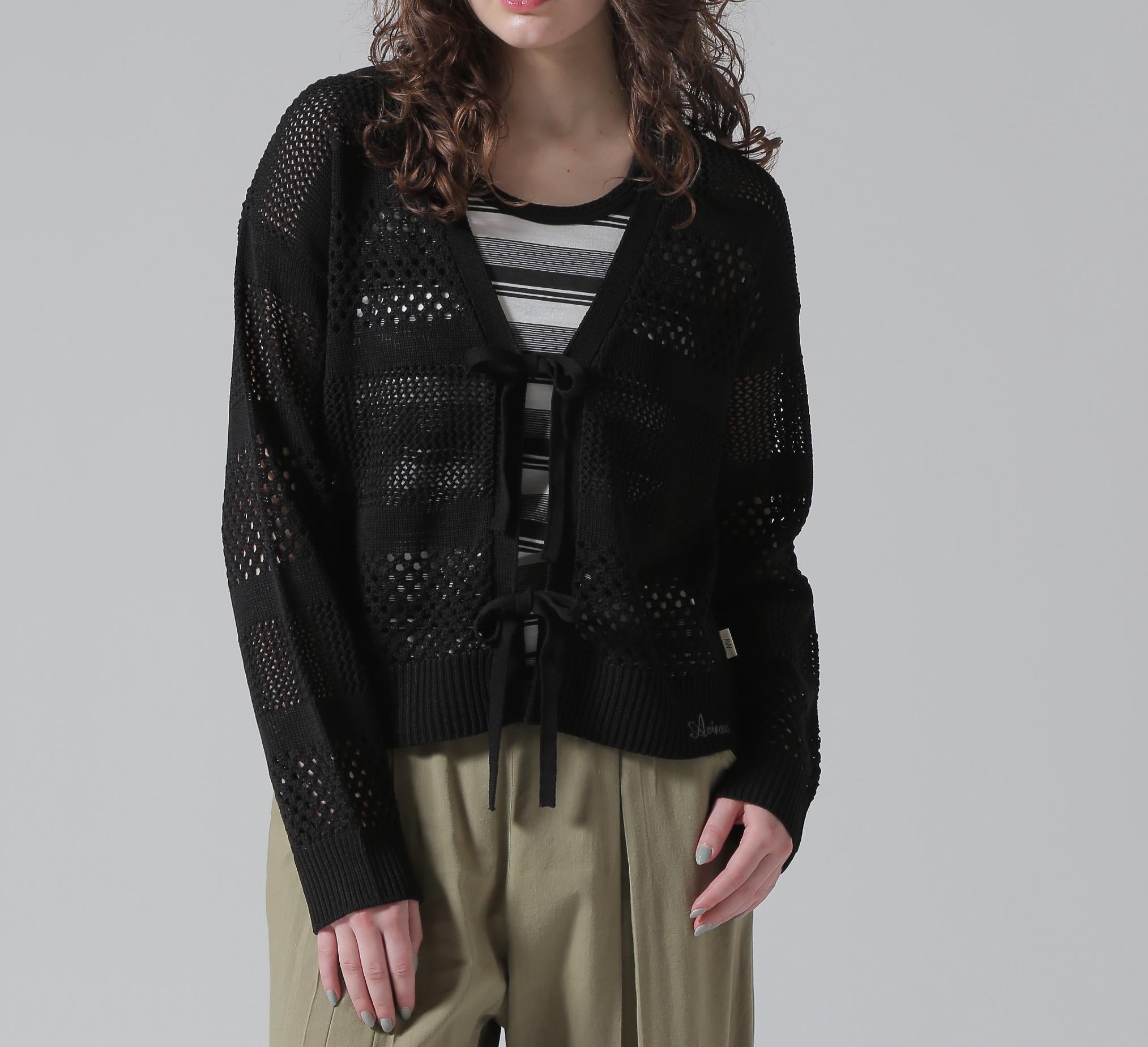 《直営店限定》MAC>AME >IRRON KNIT CA>DIGAN/マクラメリボンニットカーディガン ブラック