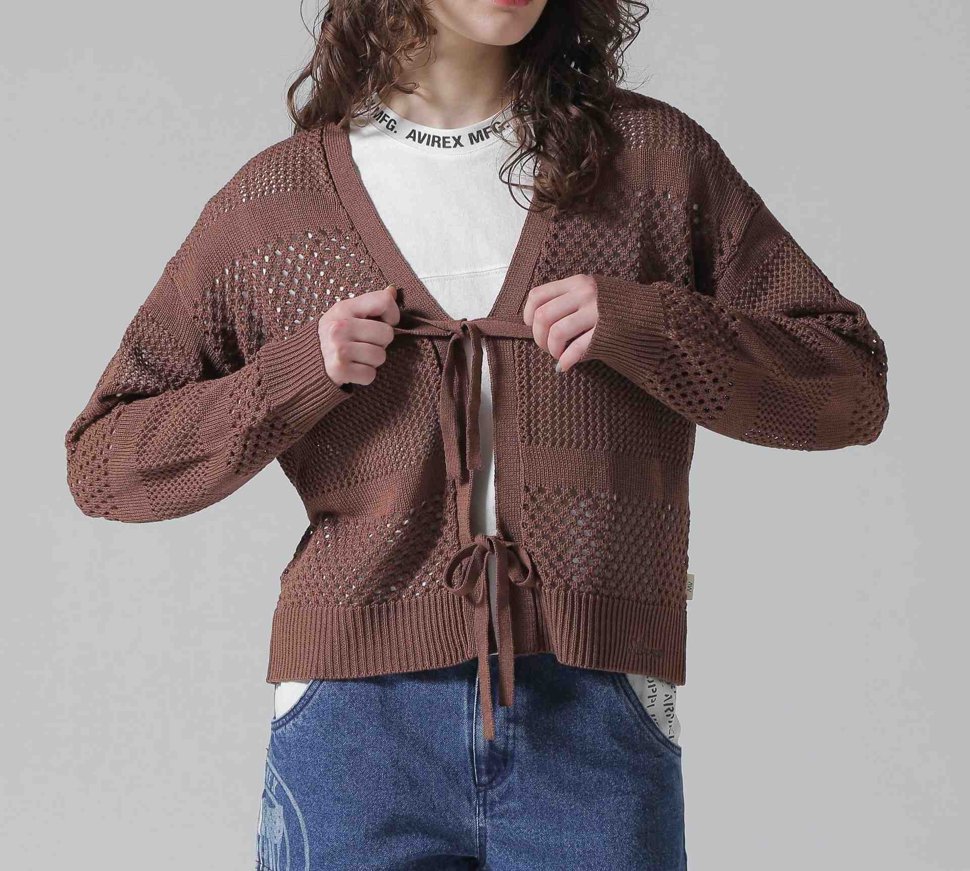 《直営店限定》MAC>AME >IRRON KNIT CA>DIGAN/マクラメリボンニットカーディガン ブラウン