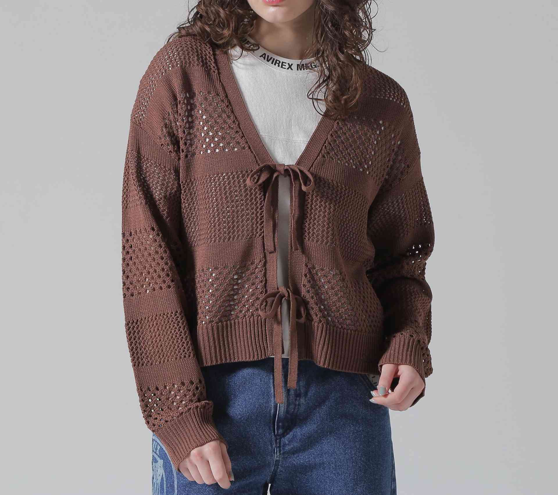 《直営店限定》MAC>AME >IRRON KNIT CA>DIGAN/マクラメリボンニットカーディガン ブラウン