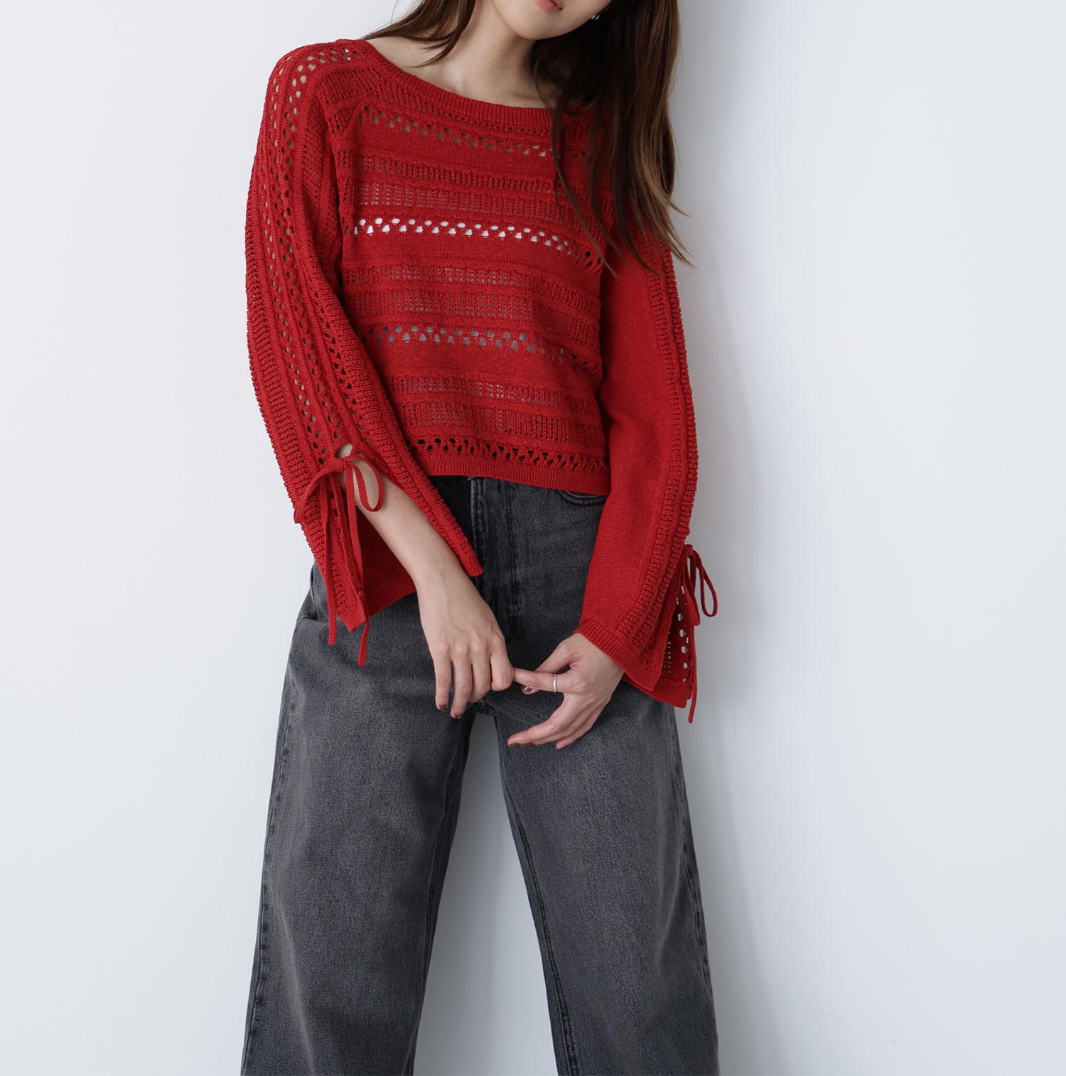 透かし編みリボンスリーブニット レッド