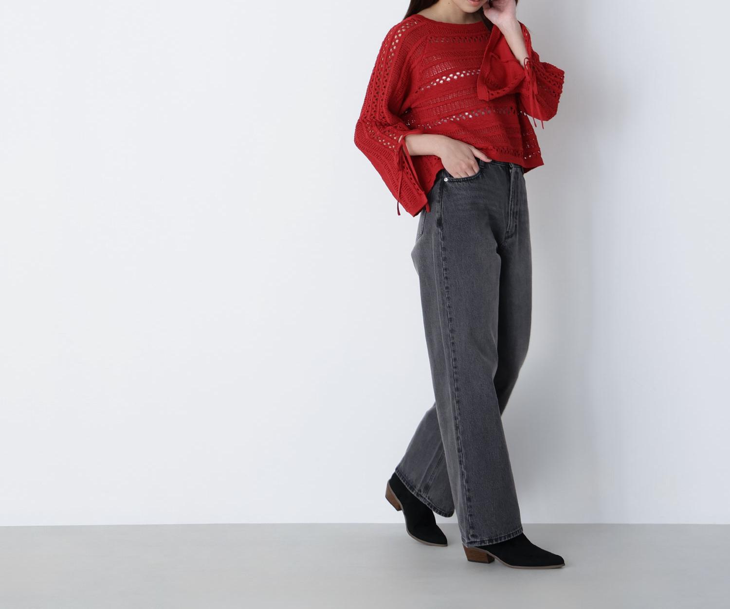 透かし編みリボンスリーブニット レッド