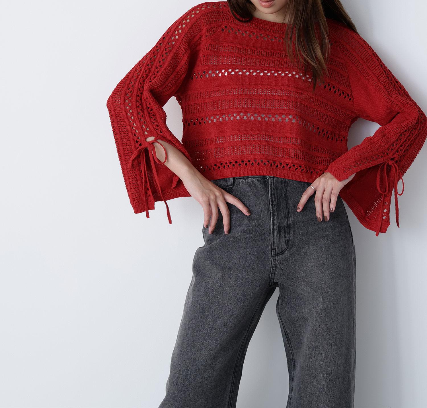 透かし編みリボンスリーブニット レッド