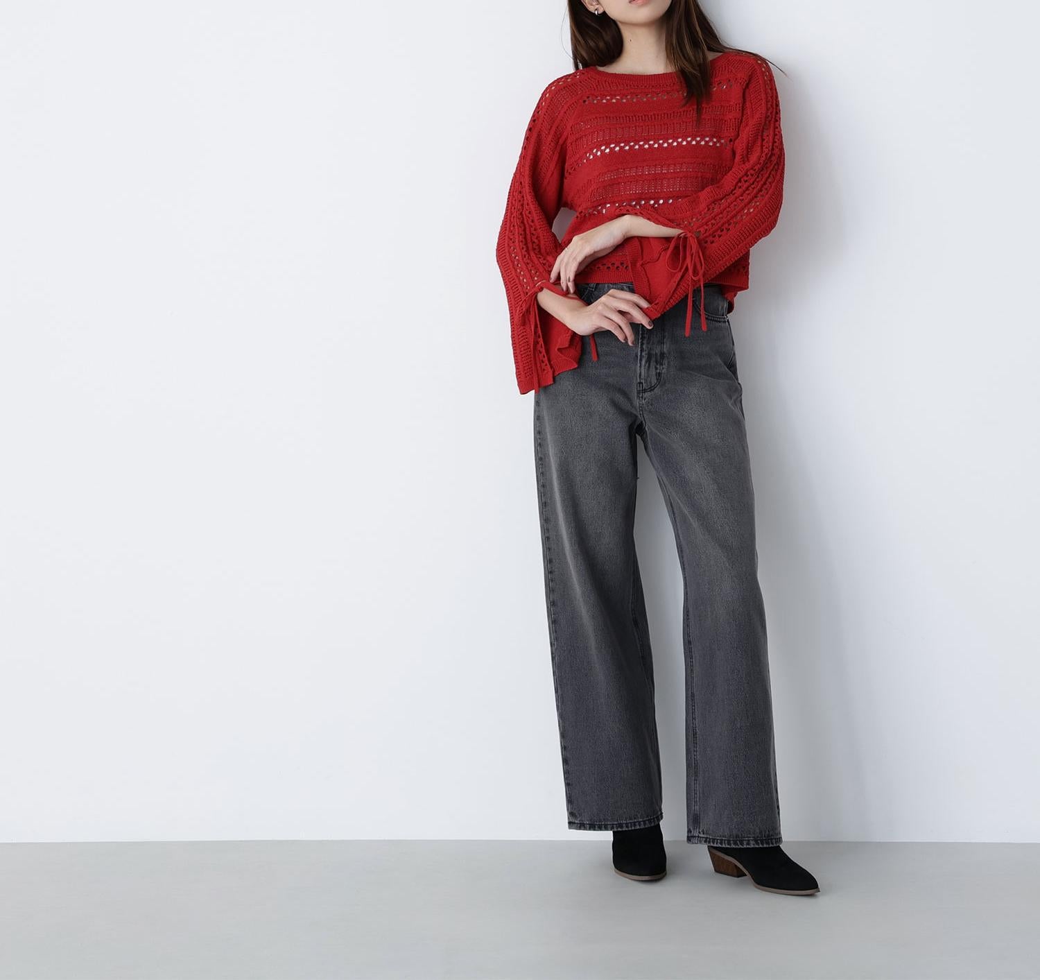 透かし編みリボンスリーブニット レッド