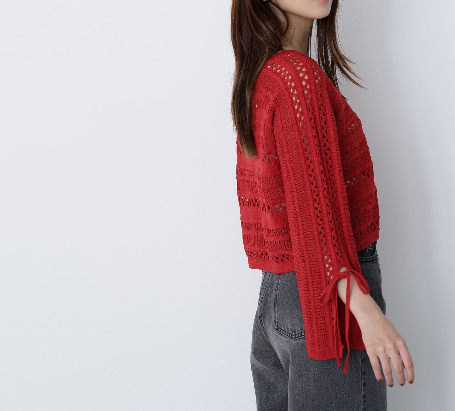 透かし編みリボンスリーブニット レッド