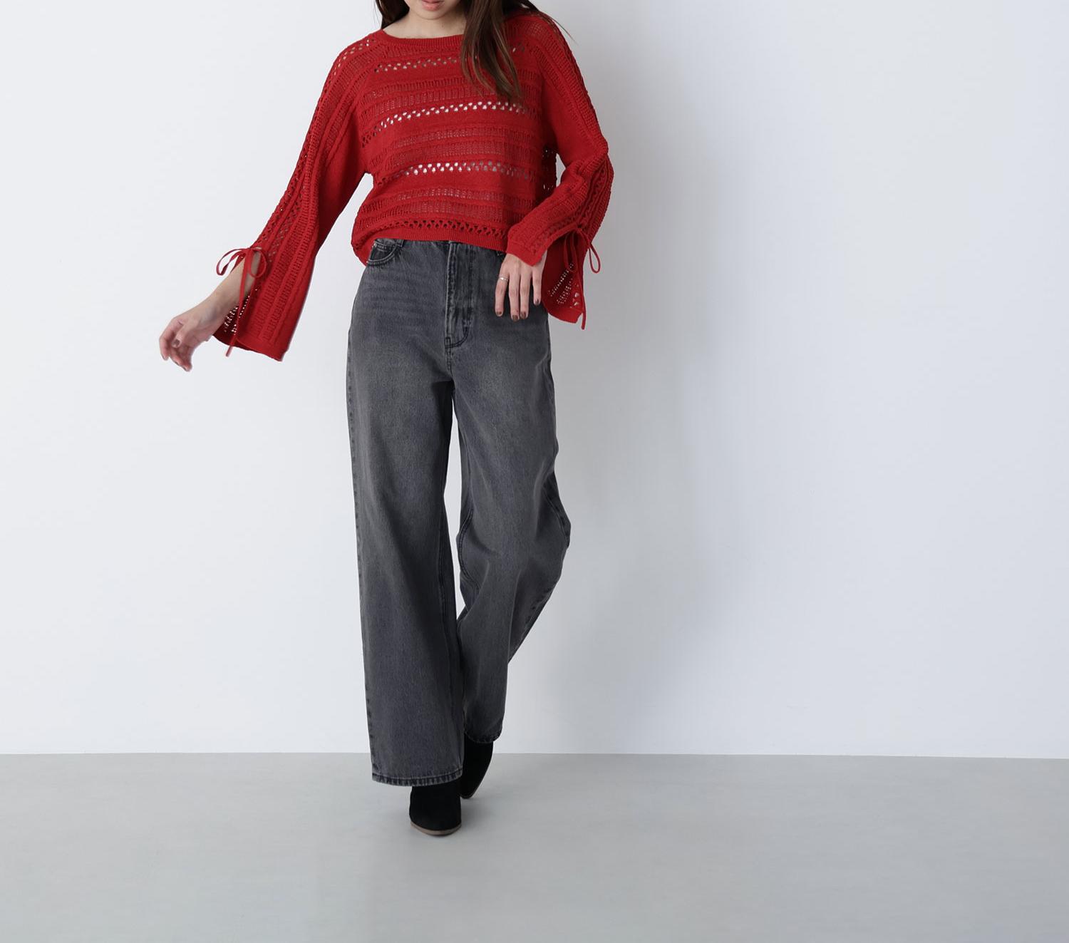 透かし編みリボンスリーブニット レッド