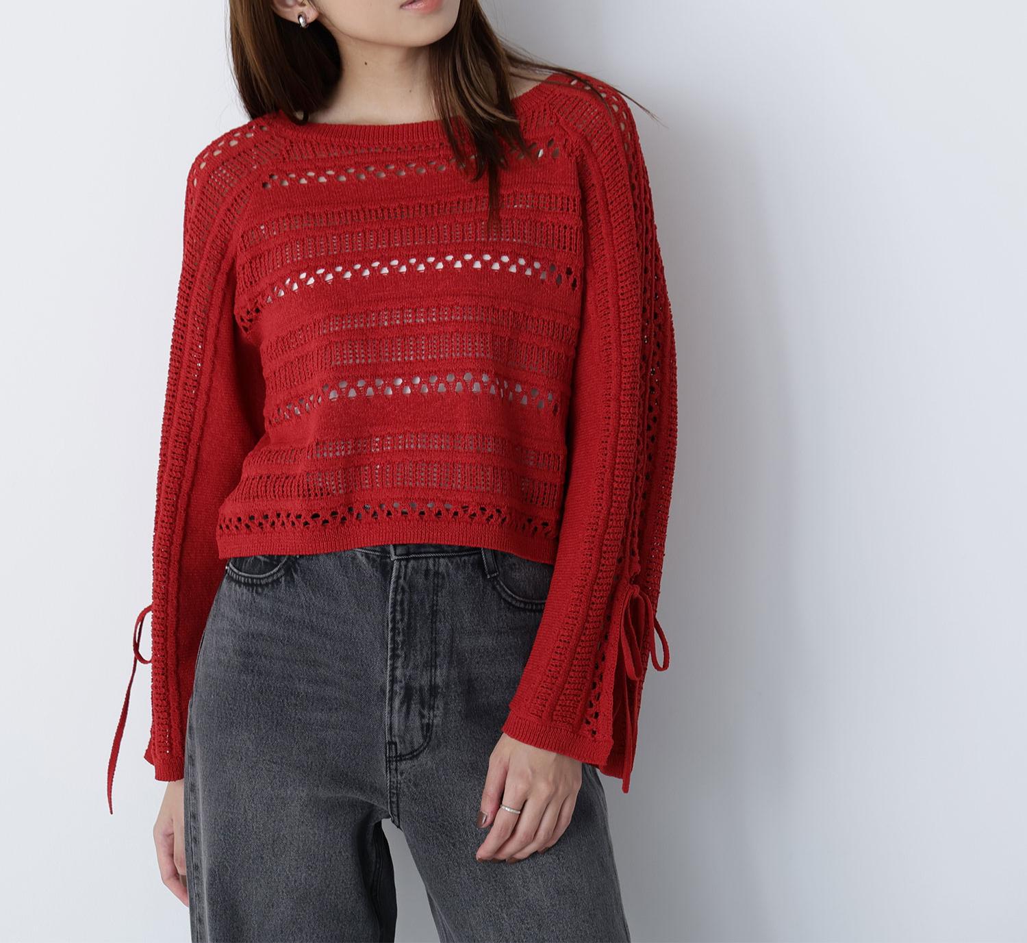 透かし編みリボンスリーブニット レッド
