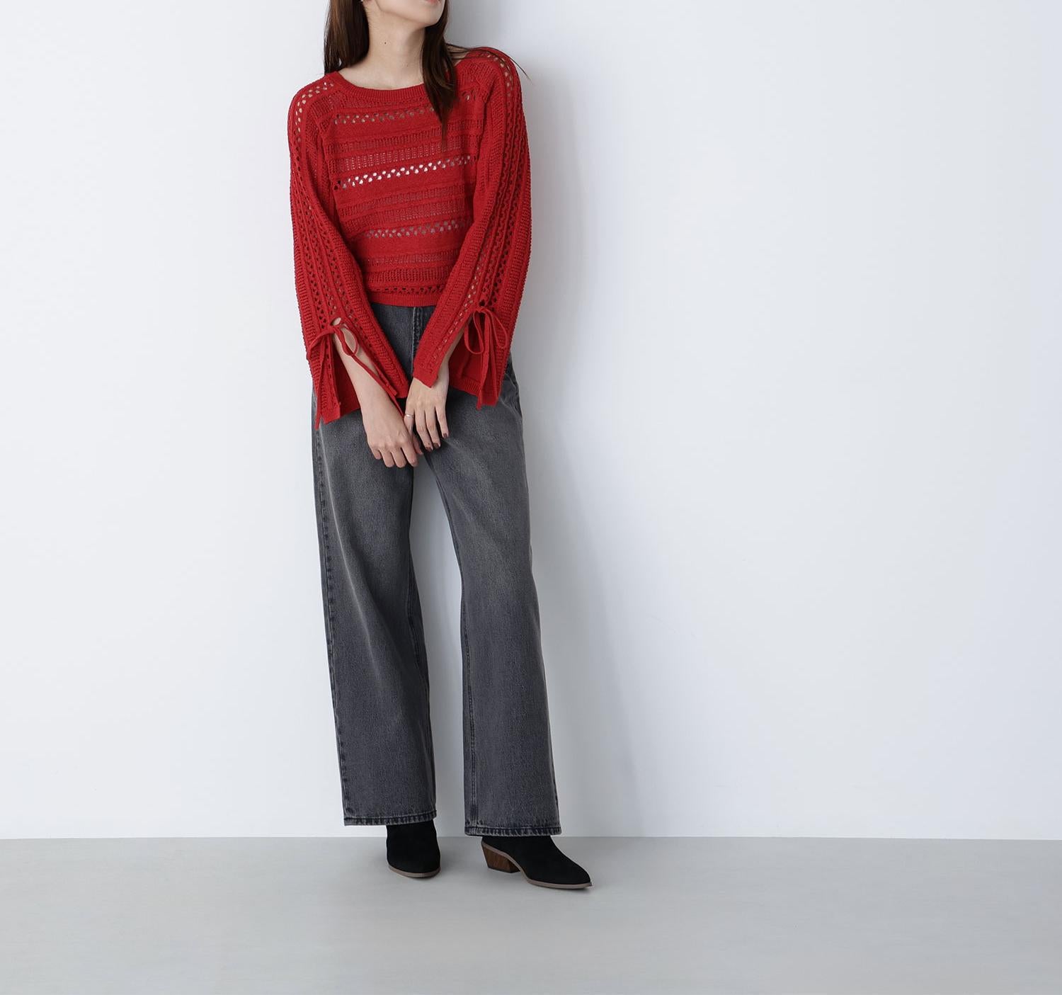 透かし編みリボンスリーブニット レッド