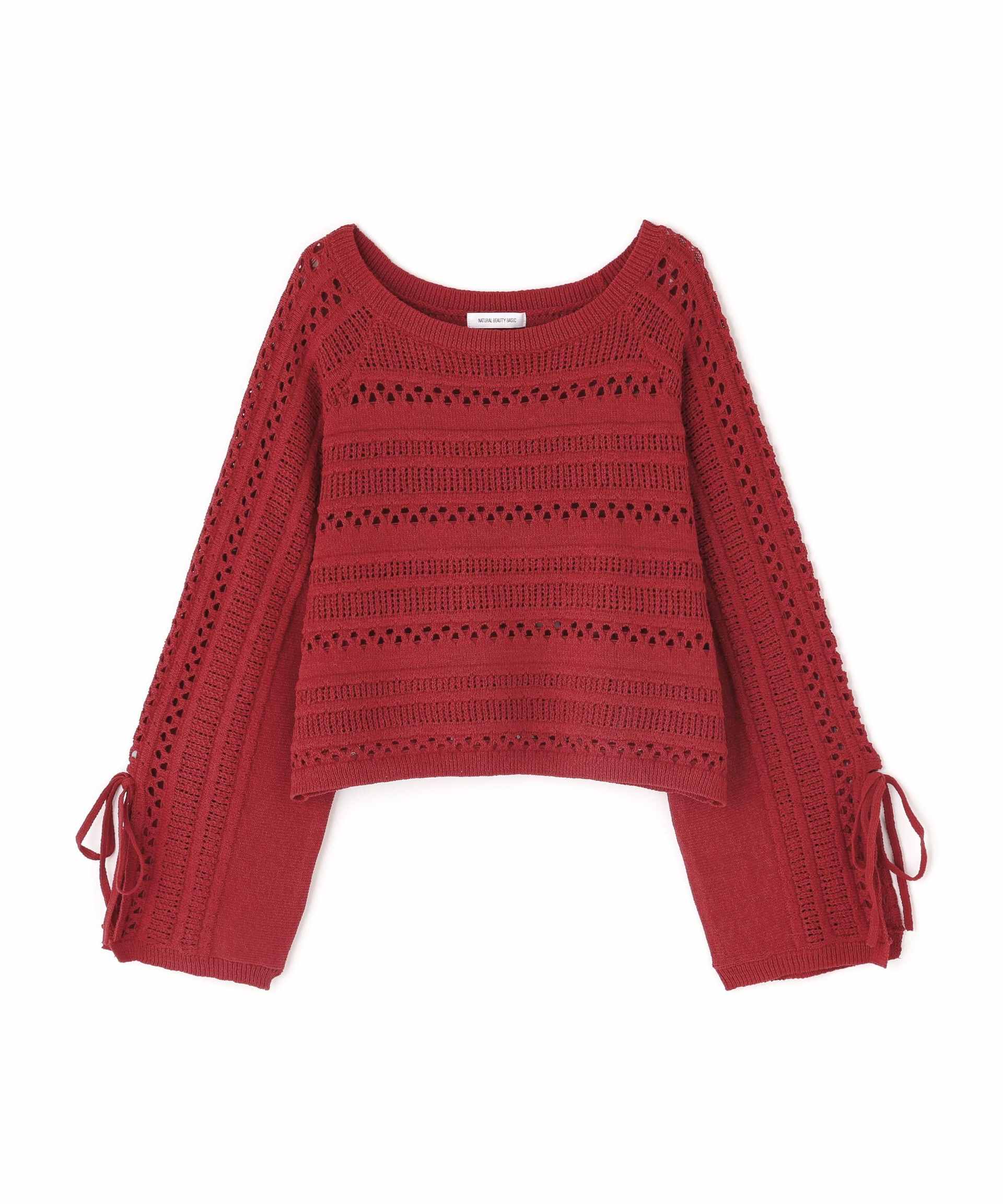 透かし編みリボンスリーブニット レッド