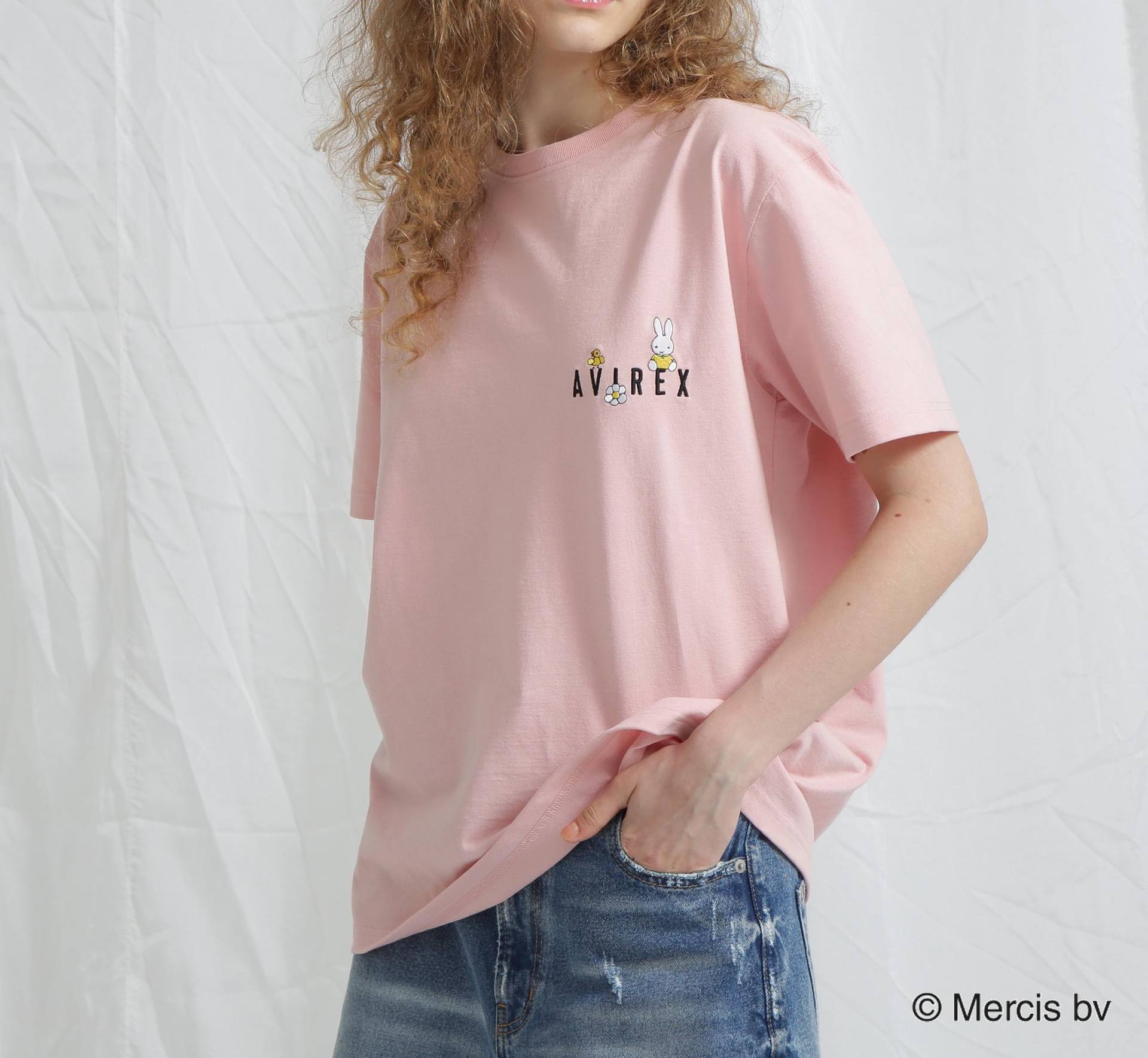 《AVI>EX×miffy》WER限定 EMR>OIDE>Y T-SHI>T/アヴィレックス×ミッフィー 刺繍Tシャツ ピンク
