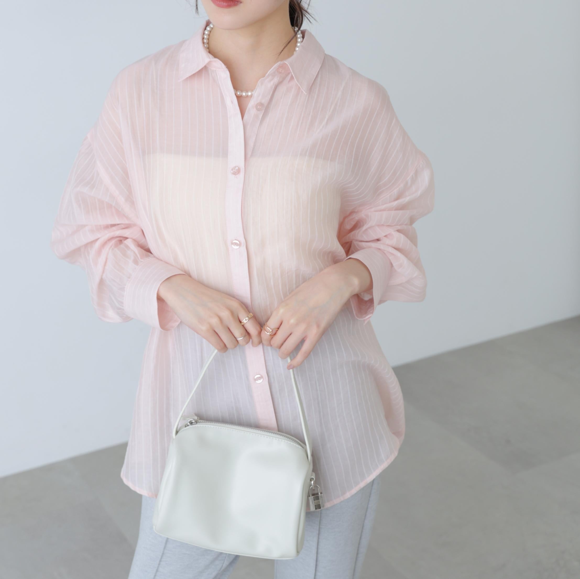 シアーダブルストライプシャツ ピンクベース1