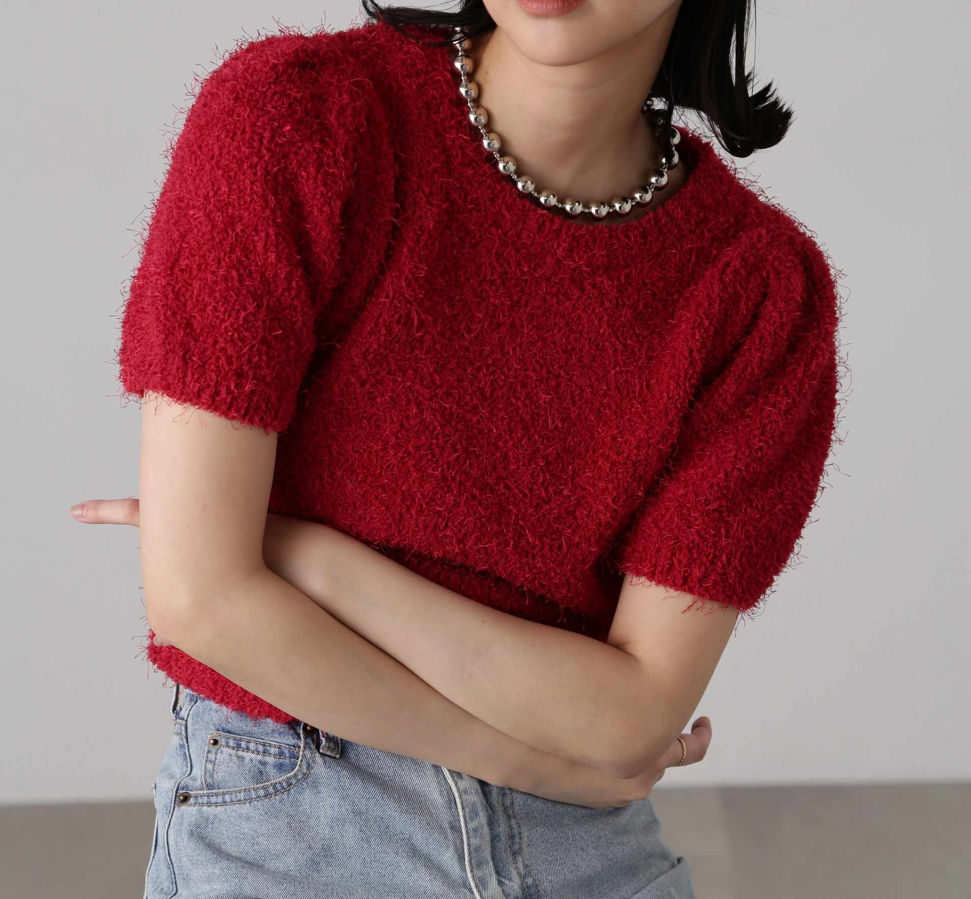 フェザーパフスリーブ半袖ニット レッド