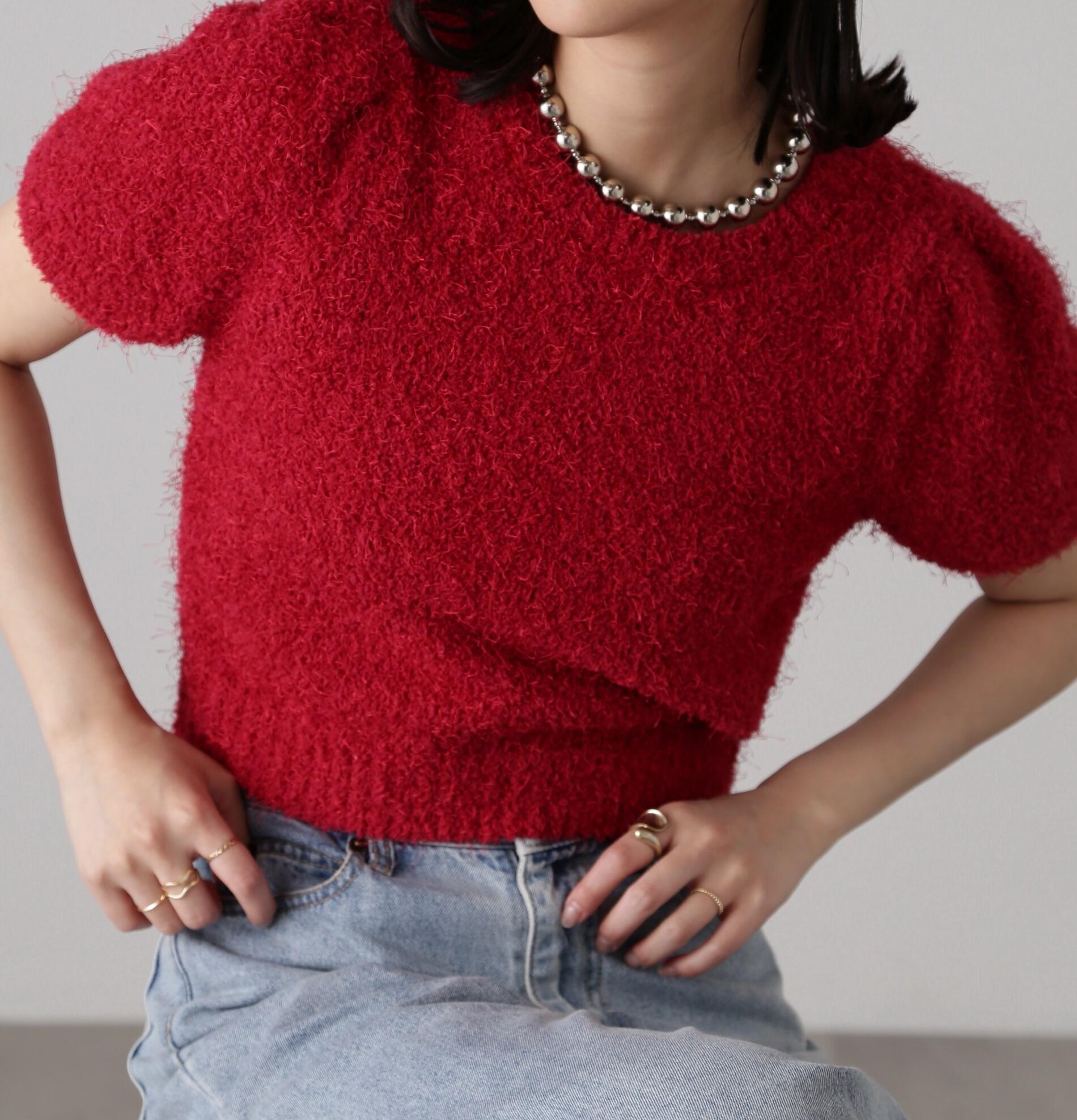 フェザーパフスリーブ半袖ニット レッド