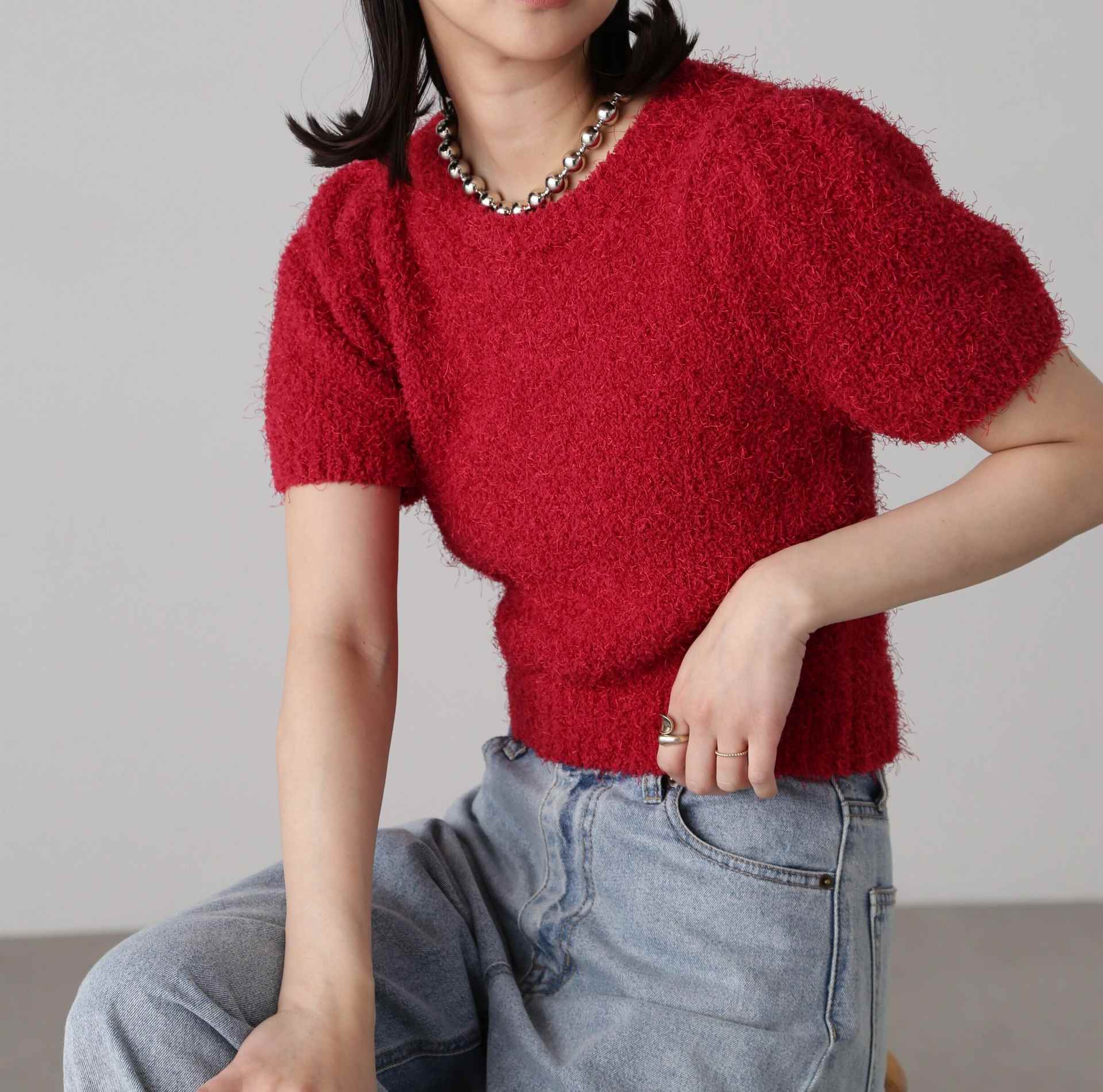 フェザーパフスリーブ半袖ニット レッド