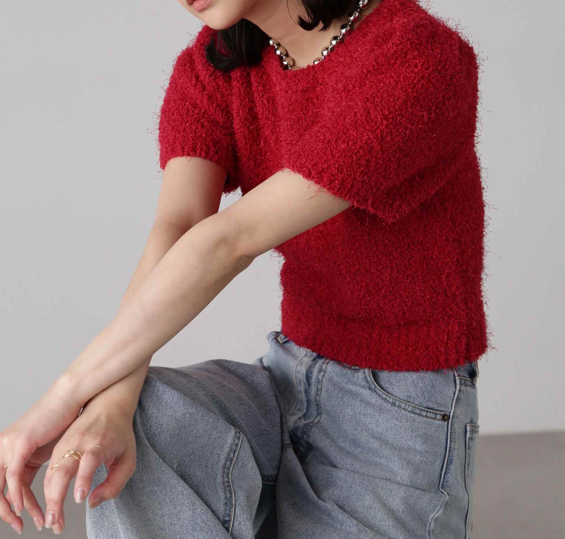 フェザーパフスリーブ半袖ニット レッド