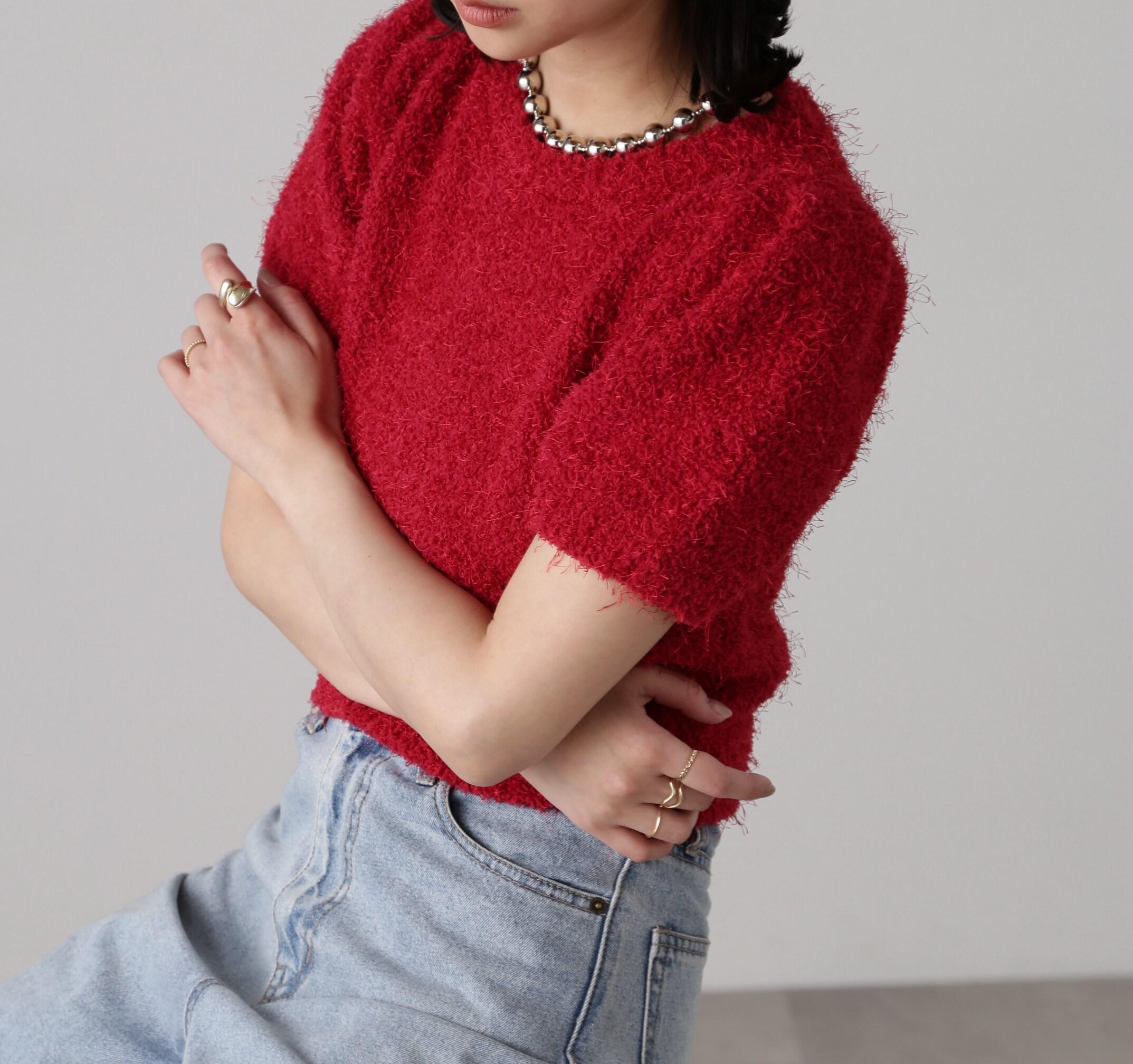 フェザーパフスリーブ半袖ニット レッド