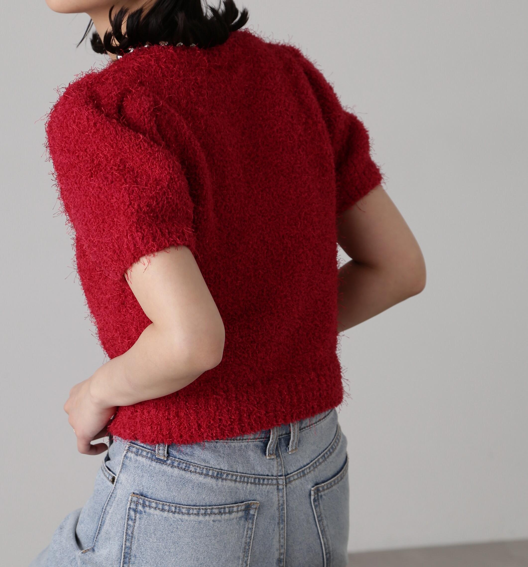 フェザーパフスリーブ半袖ニット レッド