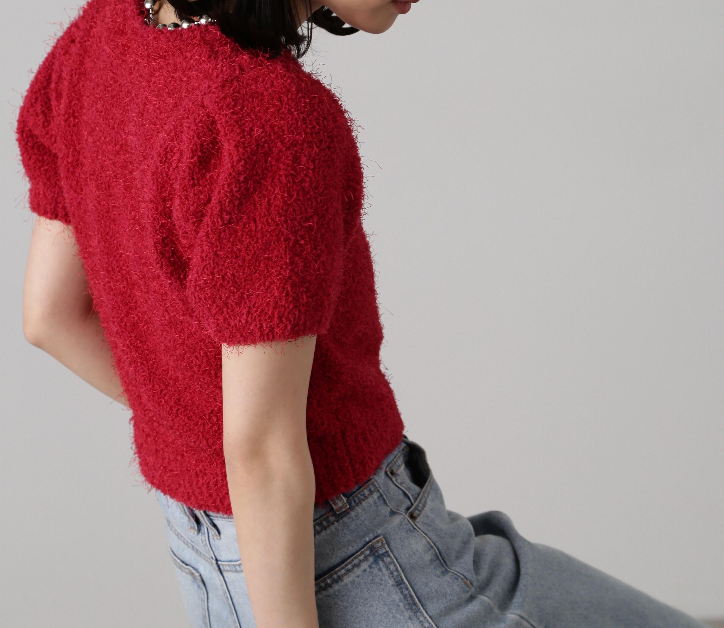 フェザーパフスリーブ半袖ニット レッド